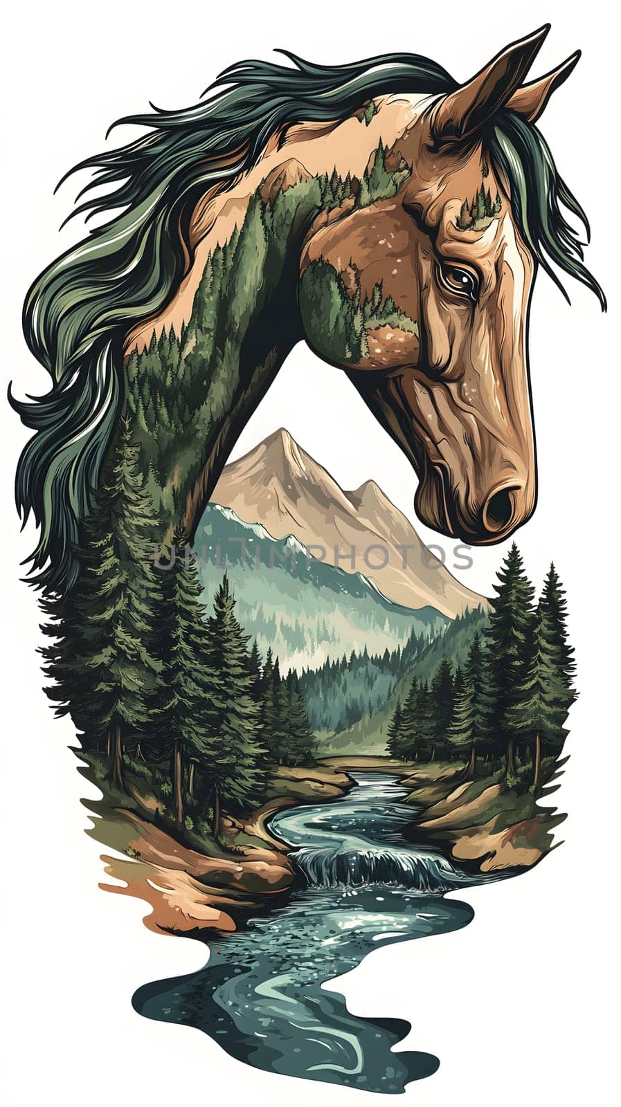 A stylized horse head formed by natural landscapes and a river.