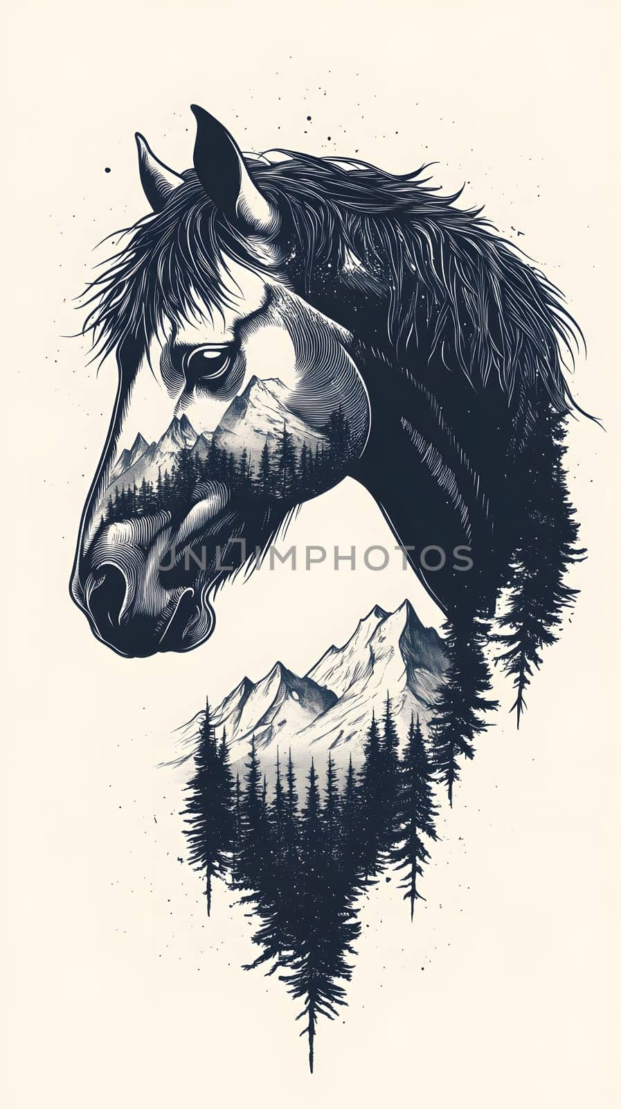 A stylized horse head merging with mountains and trees.