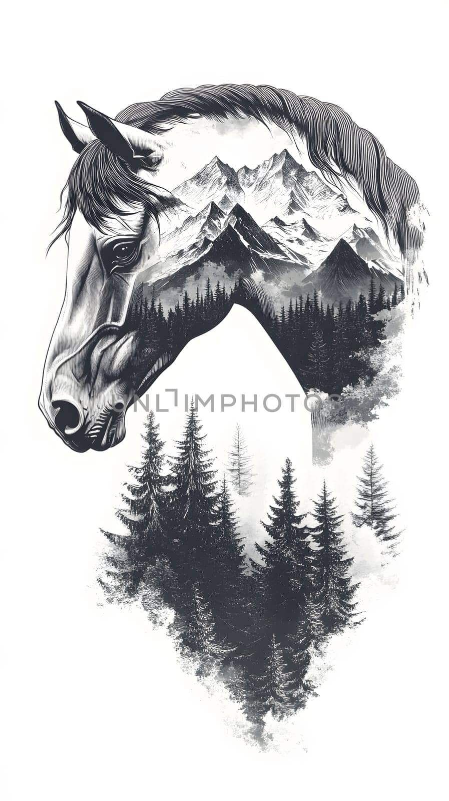 A stylized horse silhouette with mountains and trees integrated.