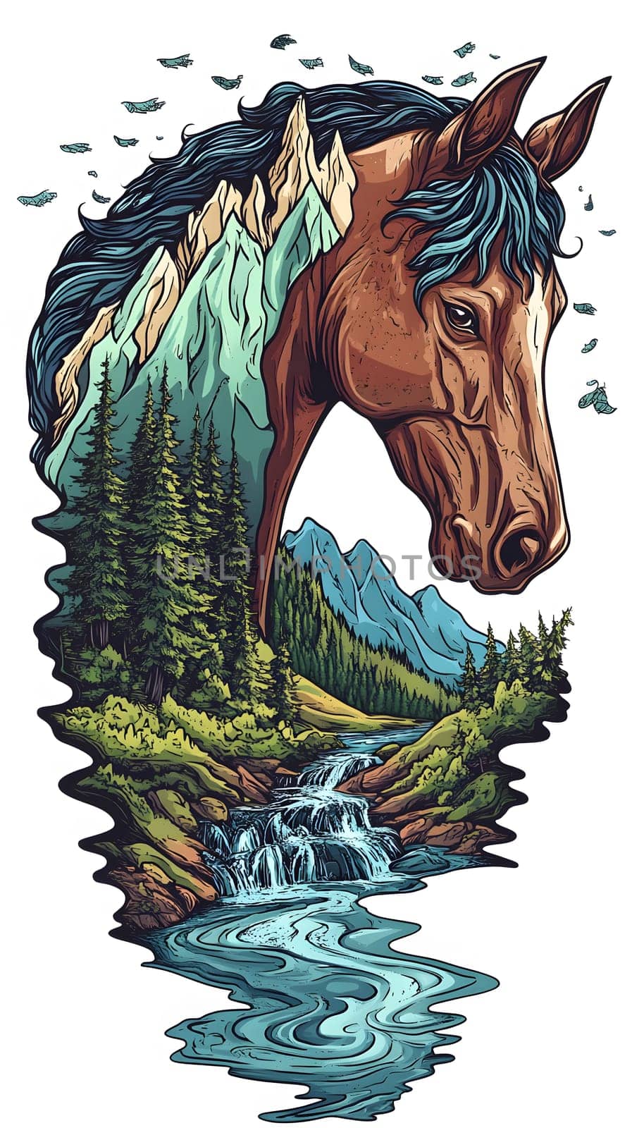 A surreal illustration of a horse's head merging with mountains and water.