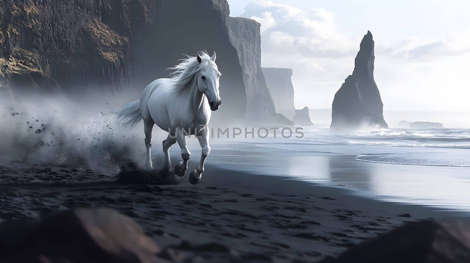 A white horse galloping along a misty beach with cliffs in the background.