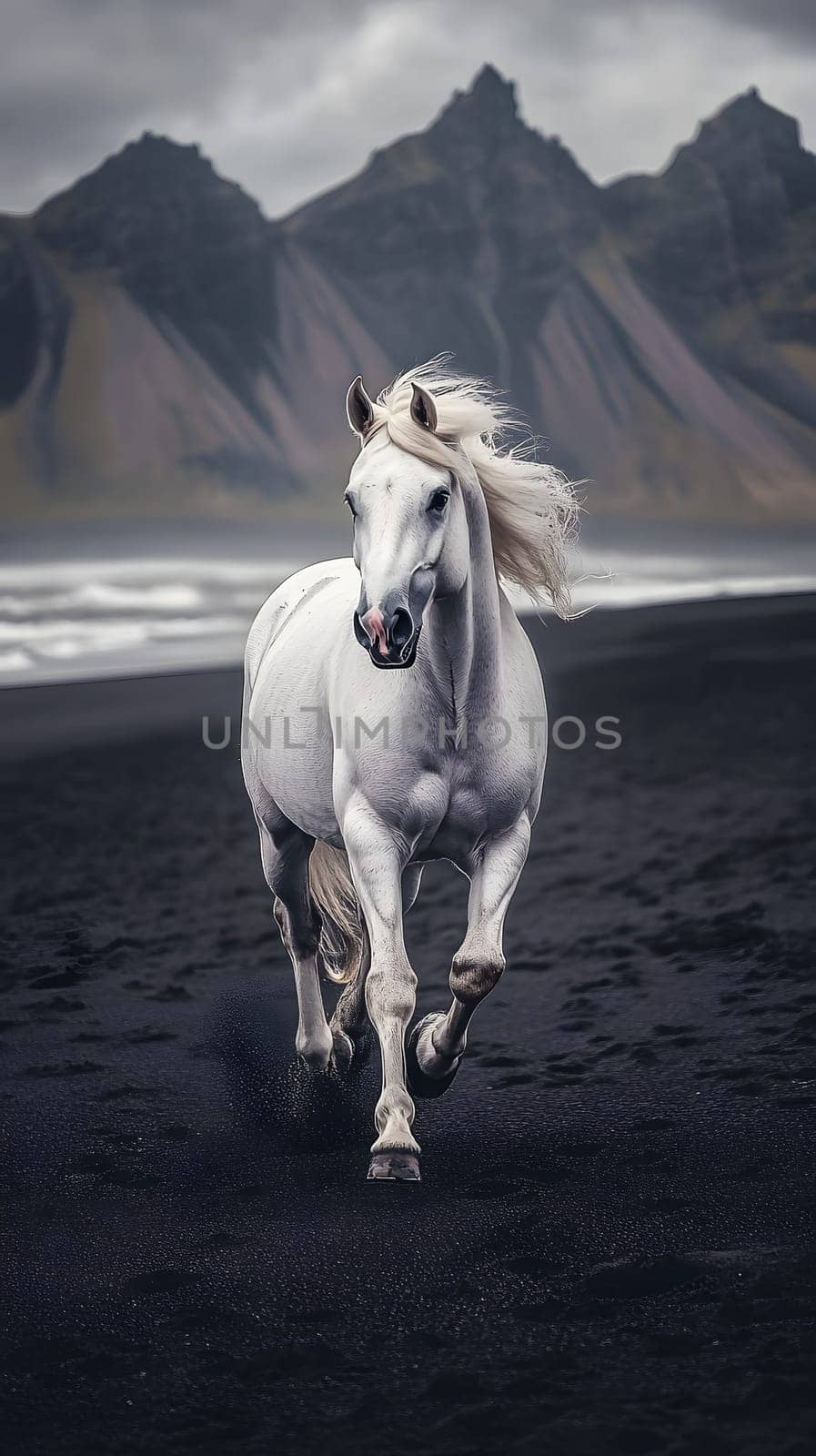 A white horse galloping on a black sand beach with mountains behind.