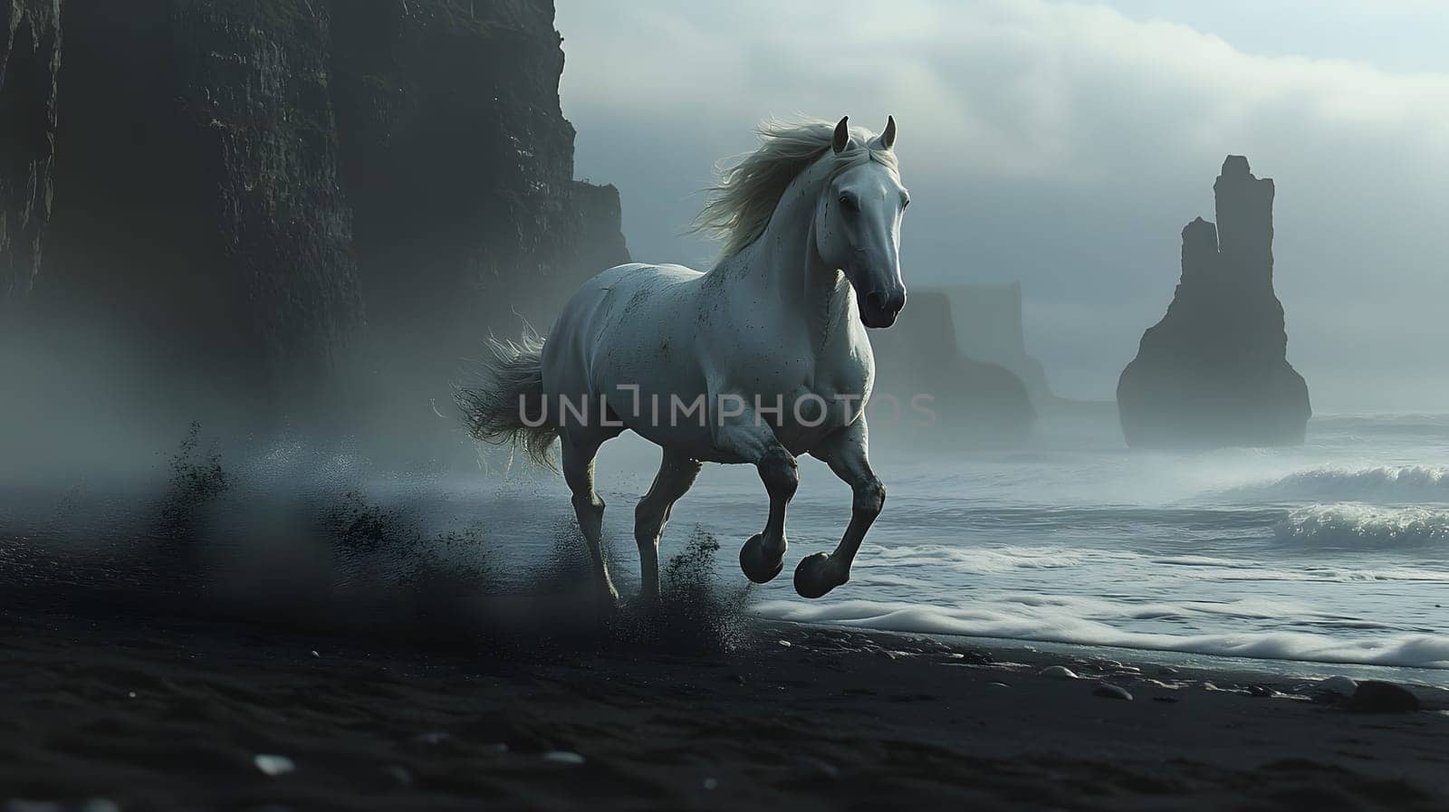 A white horse gallops along a misty beach at dawn.