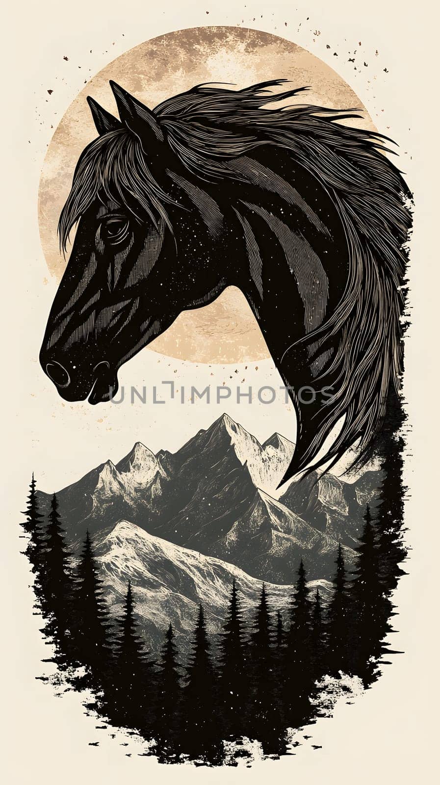 Artistic depiction of a horse's head against a mountain landscape.