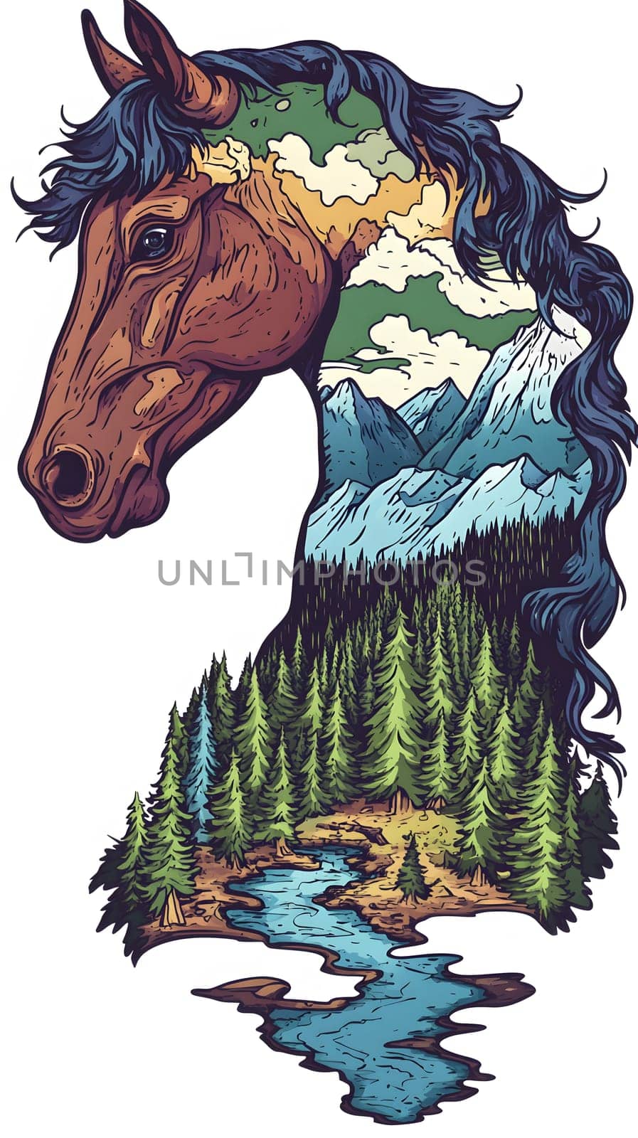 Artistic horse silhouette filled with mountains and forests.