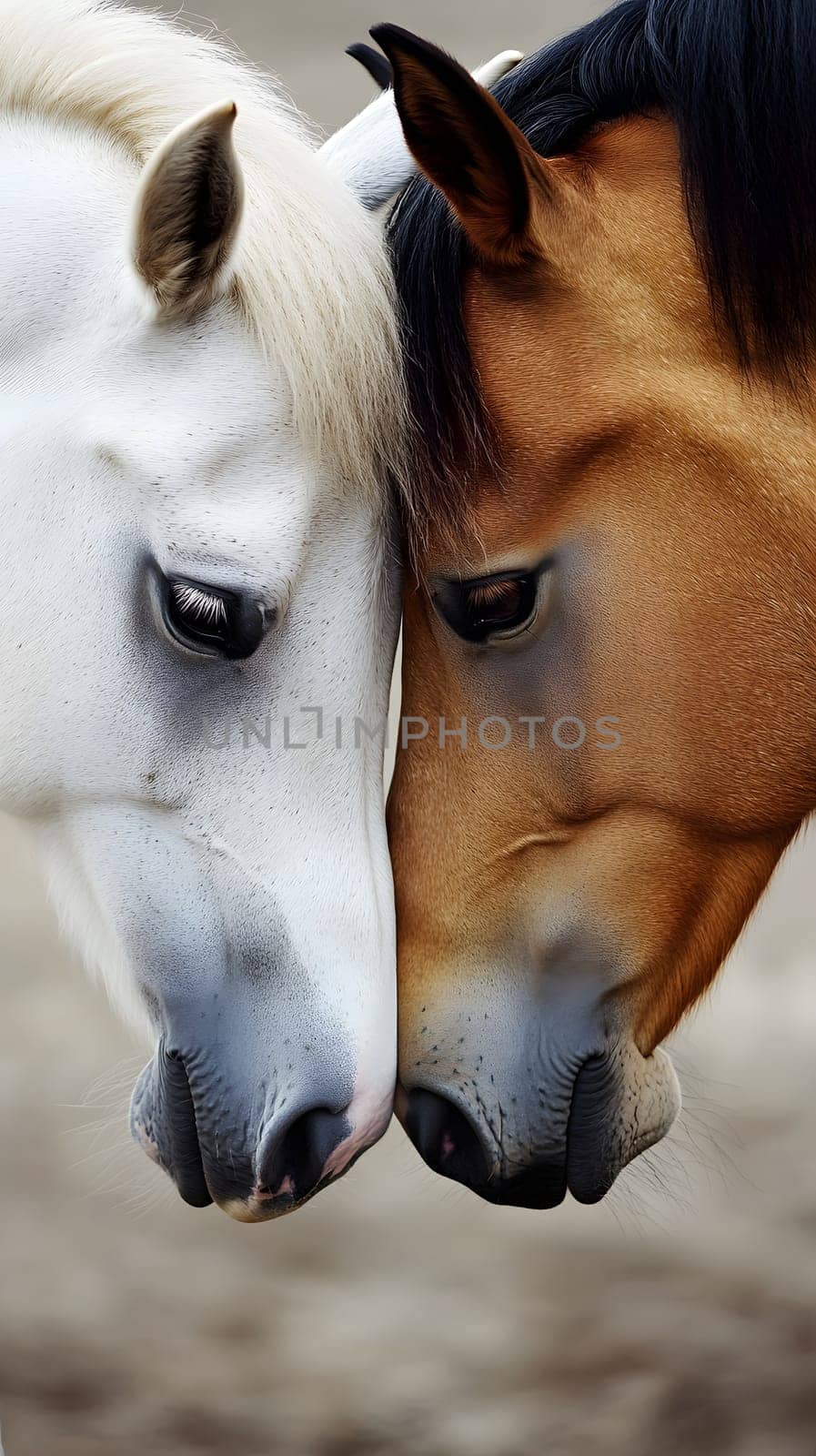 Two horses gently touching their foreheads in a serene moment.