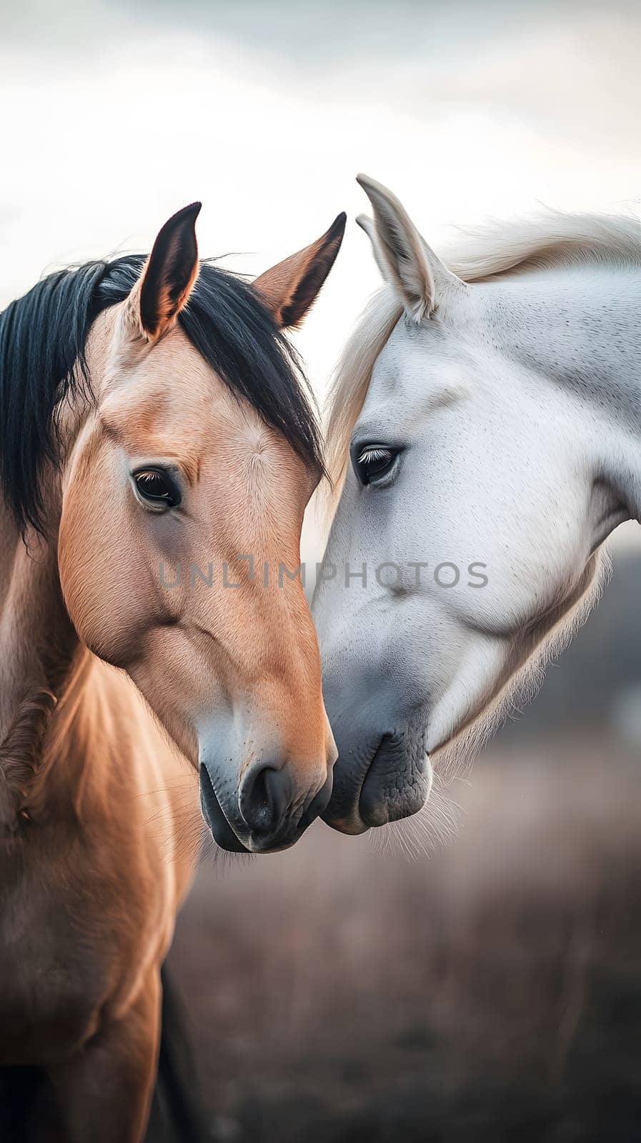 Two horses nuzzle affectionately in a serene outdoor setting.
