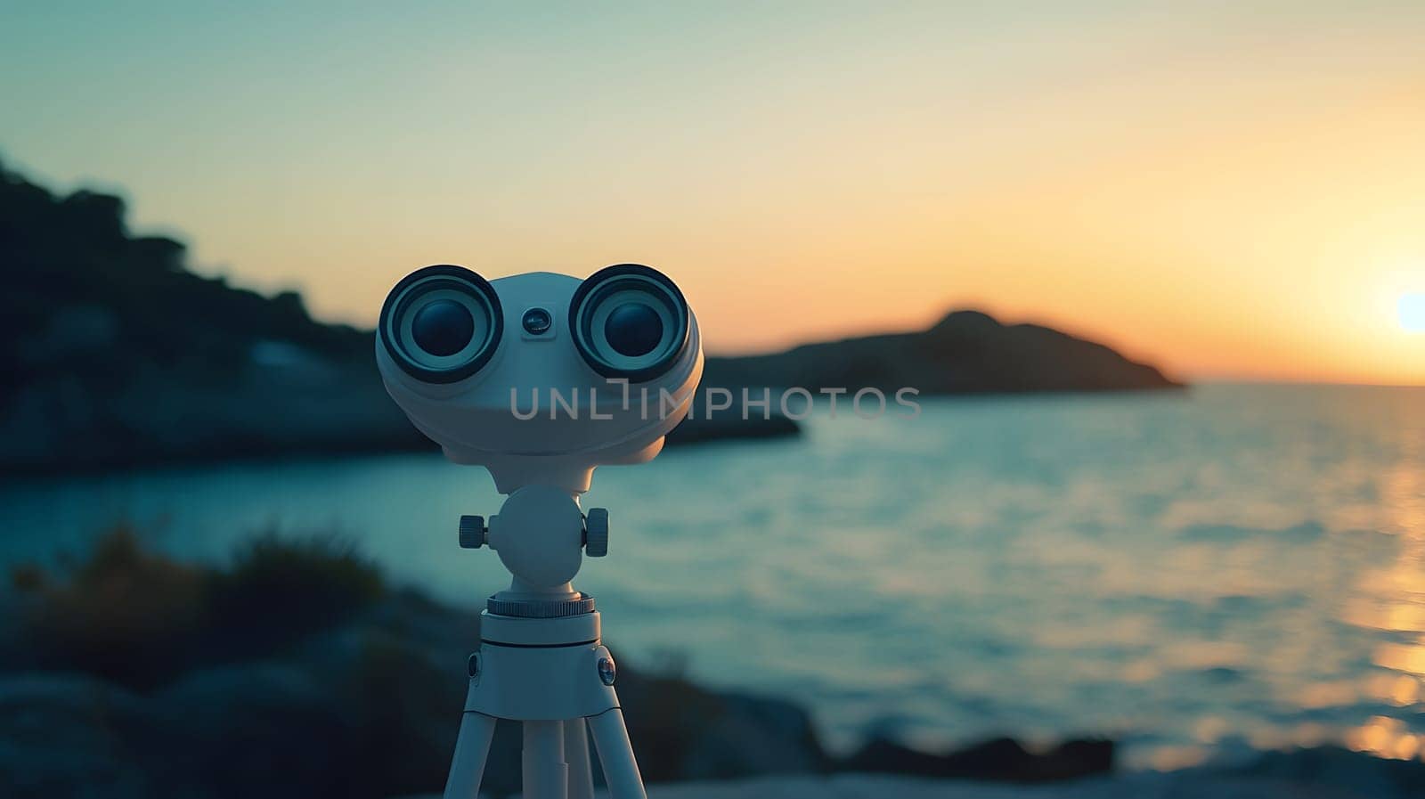 A binocular viewer overlooking a serene sunset by the water.