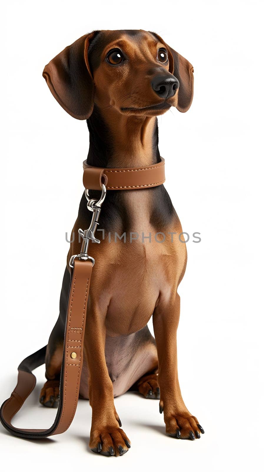A brown and black dog sitting with a leather collar and leash.