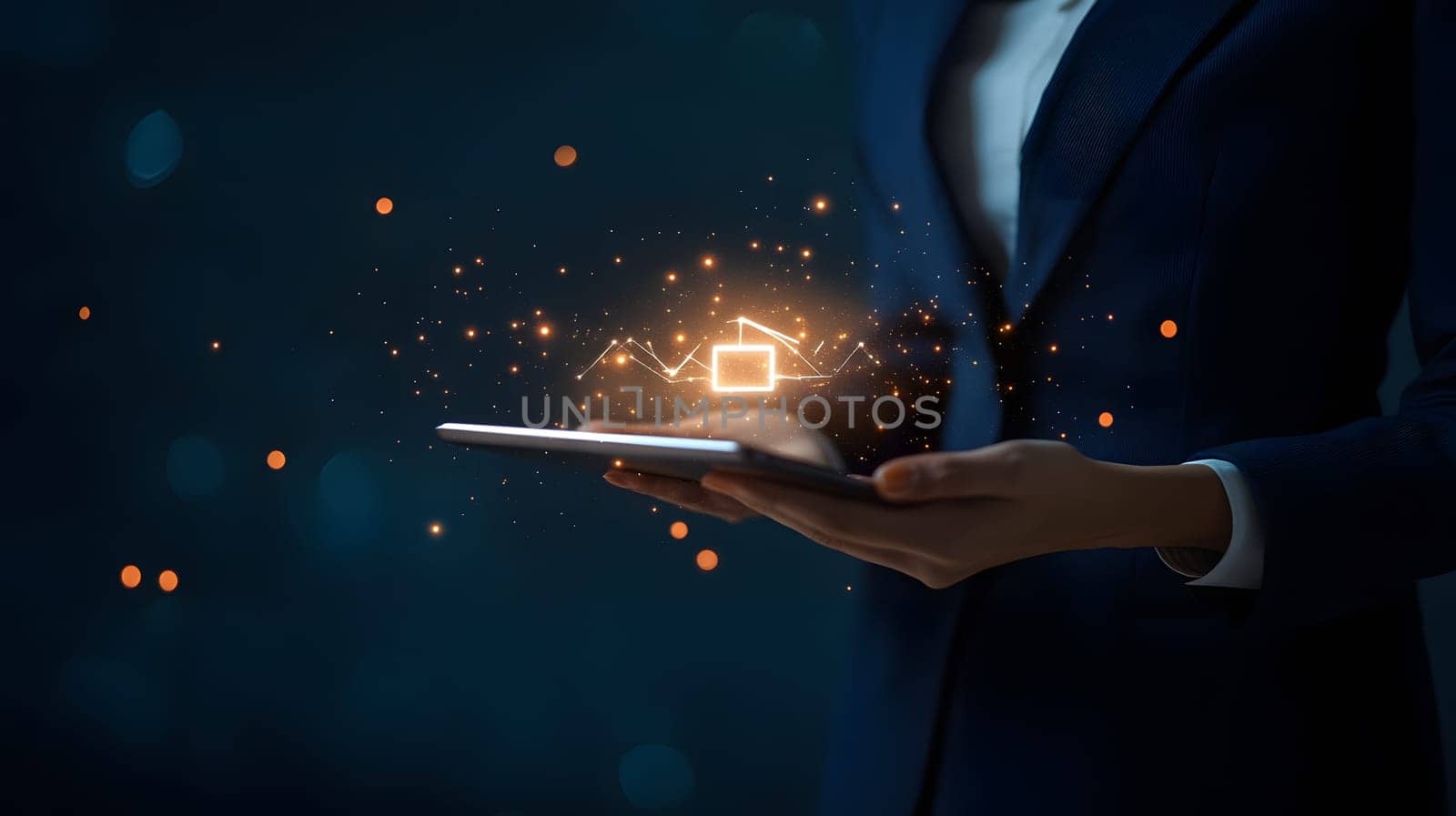 A business professional holding a tablet with digital data visualization.