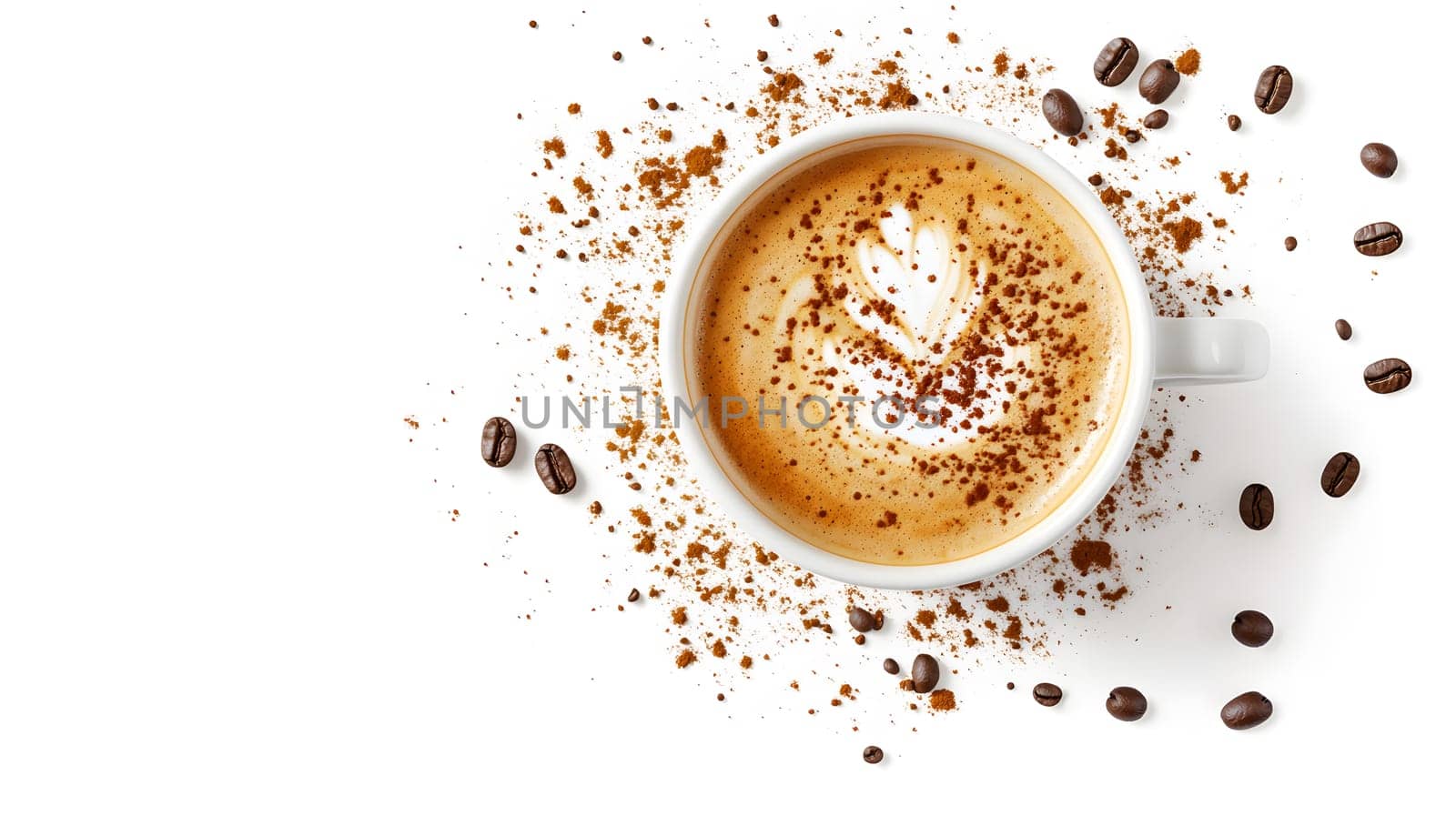 A cup of coffee with a heart design and scattered coffee beans.