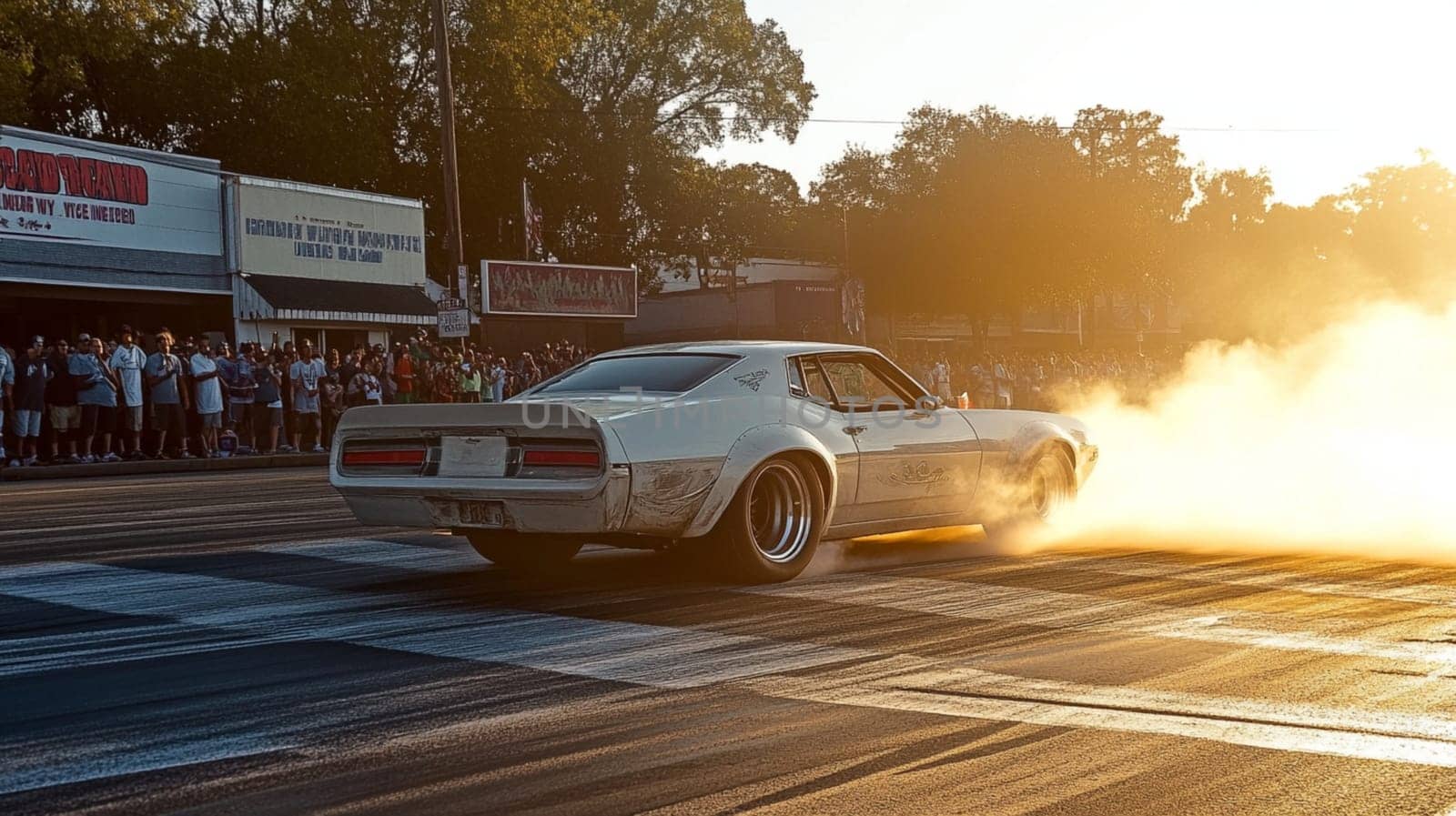 White muscle car revs its engine, burning rubber at a drag race as spectators cheer, energized by the speed and competition at sunset