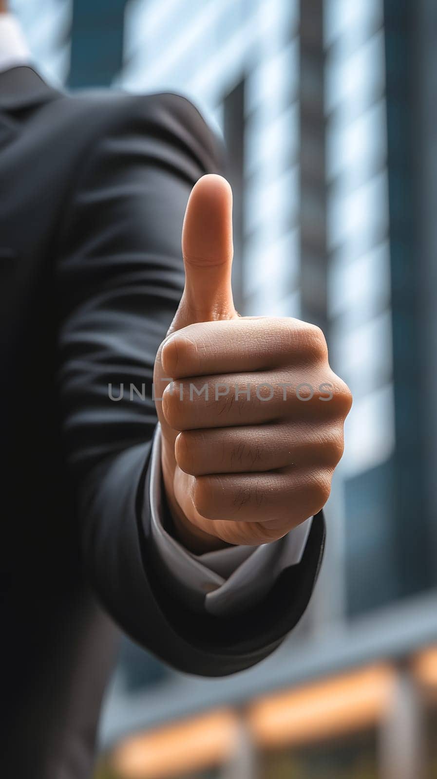 A hand giving a thumbs-up gesture in a business setting.