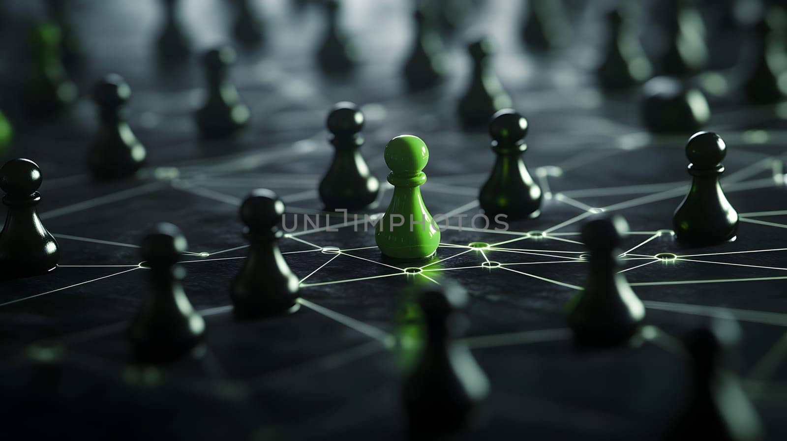 A green pawn stands out among black pawns on a dark board.