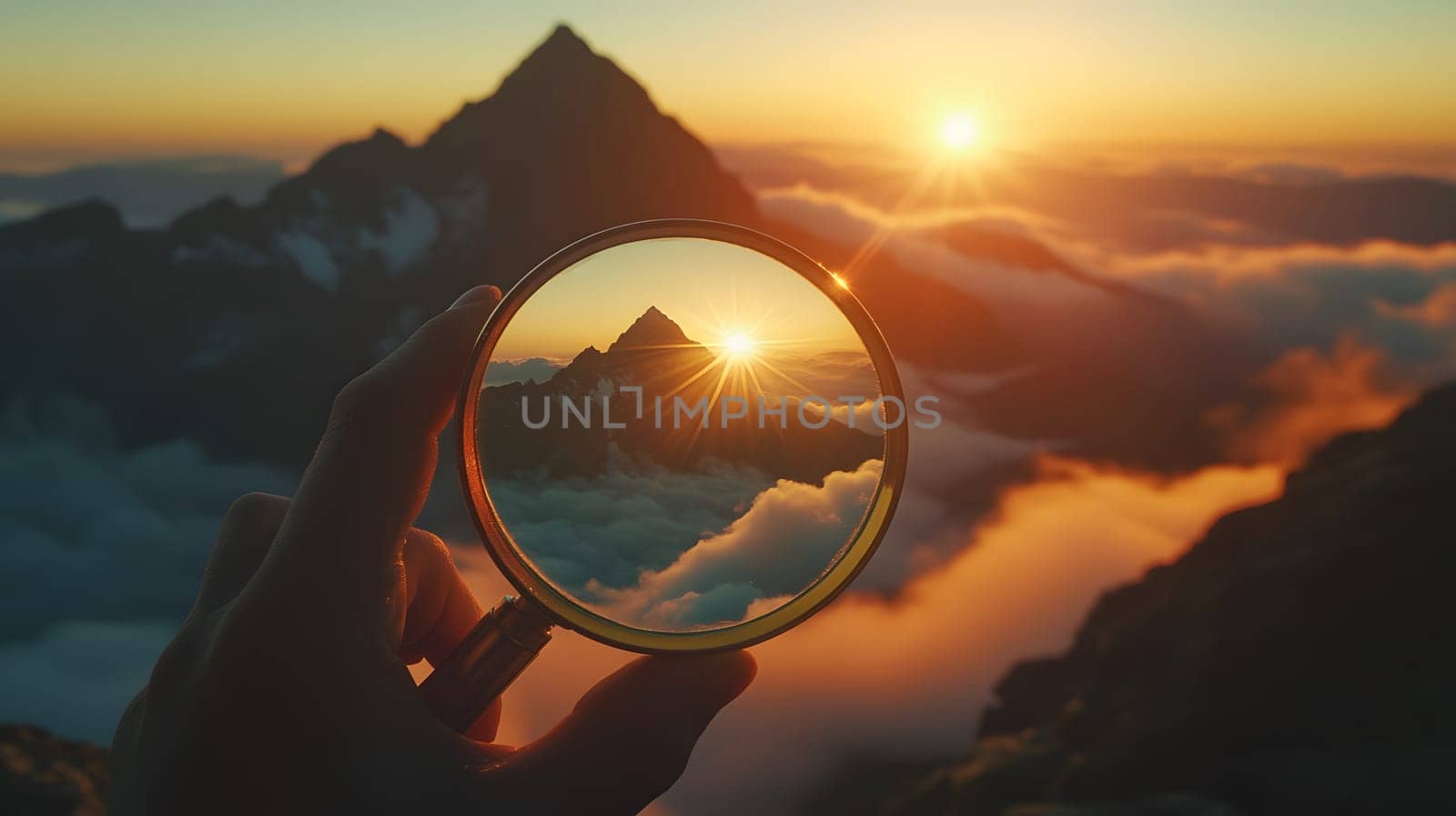 A hand holding a magnifying glass reflecting a mountain sunset.