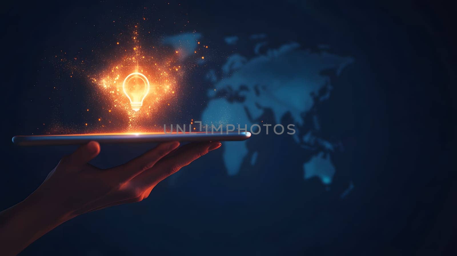 A hand holding a tablet displaying a glowing light bulb over a world map.