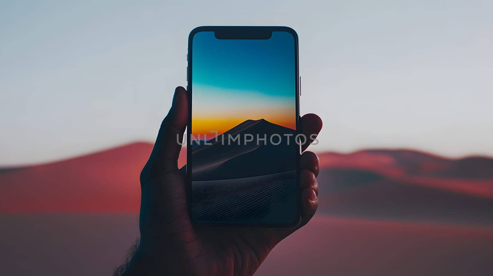 A hand holds a phone displaying a sunset over sand dunes.