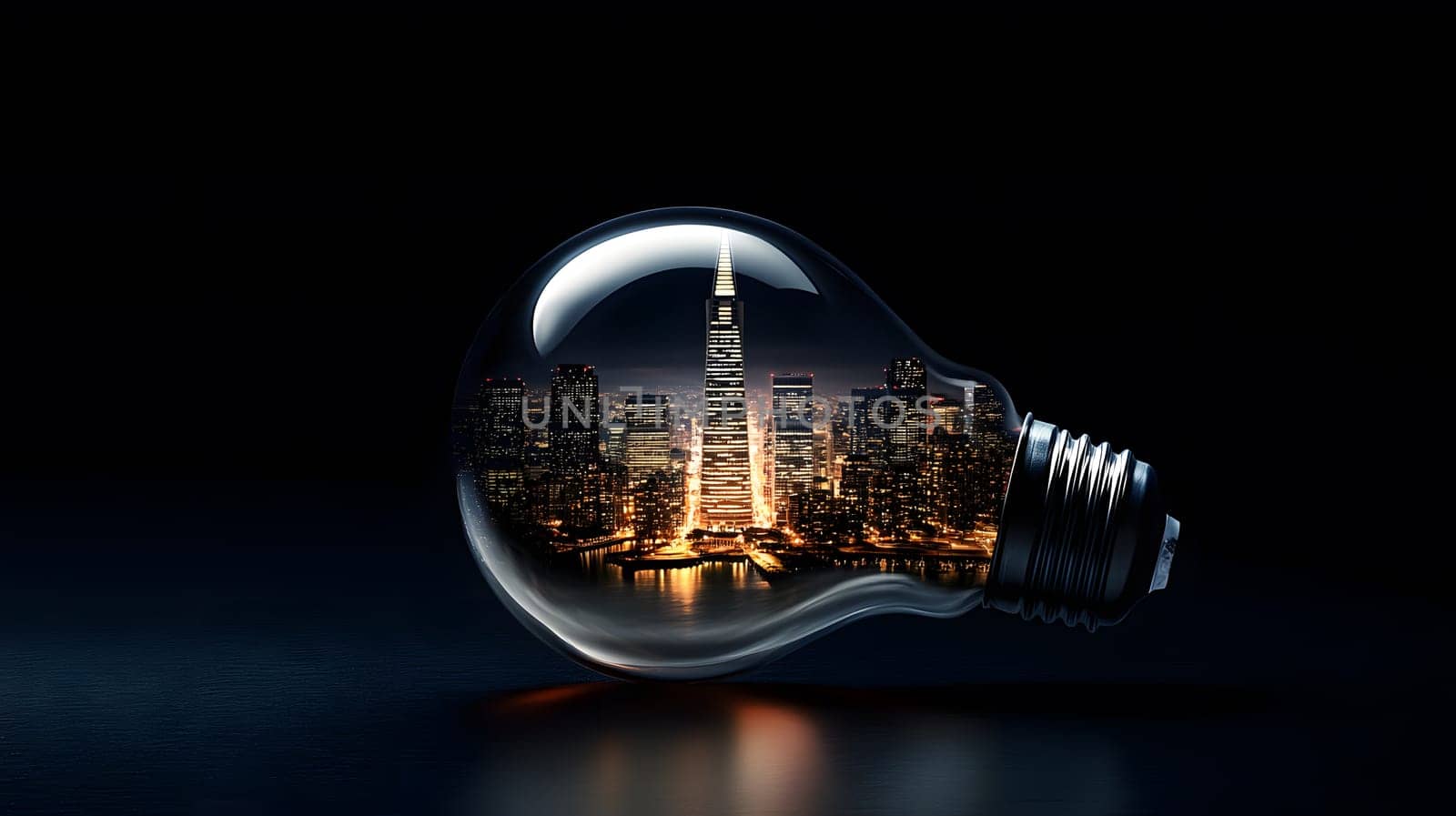 A light bulb encasing a city skyline at night, symbolizing ideas.