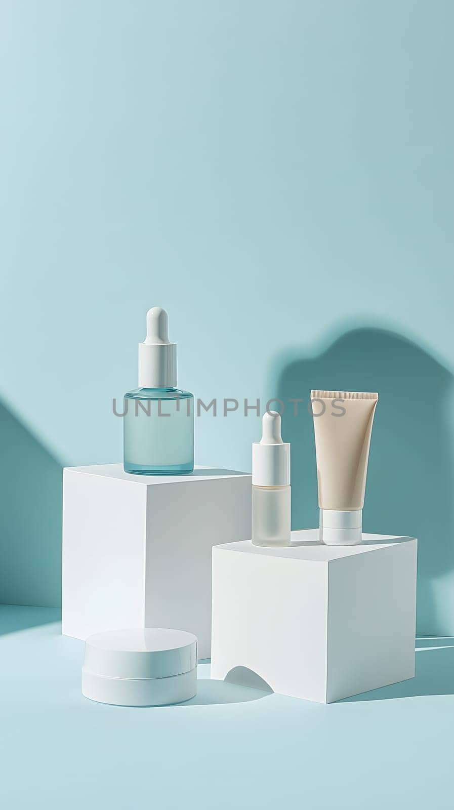 A minimalist display of skincare products on white pedestals.