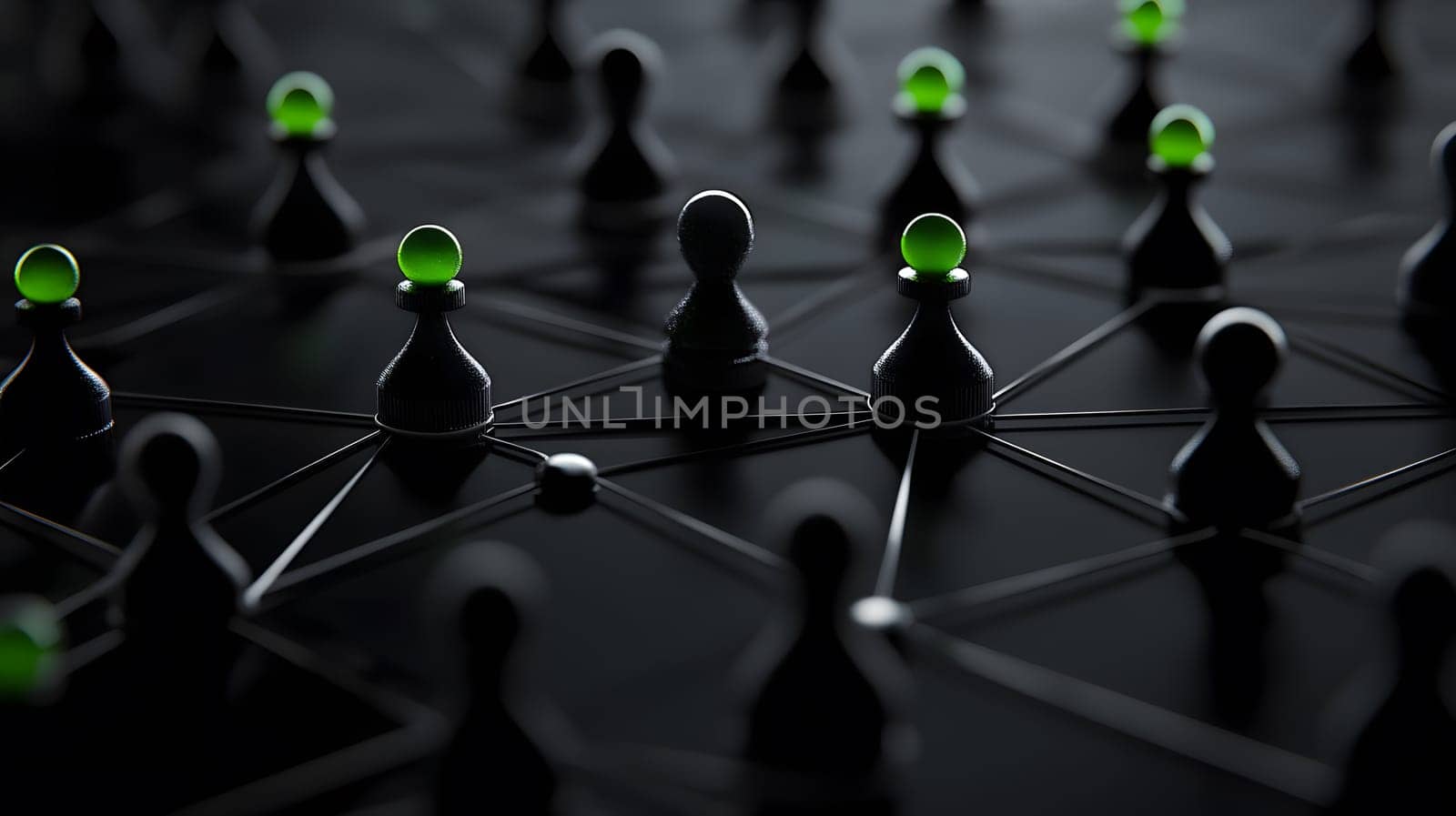 A network of black pawns with green spheres, symbolizing connection.