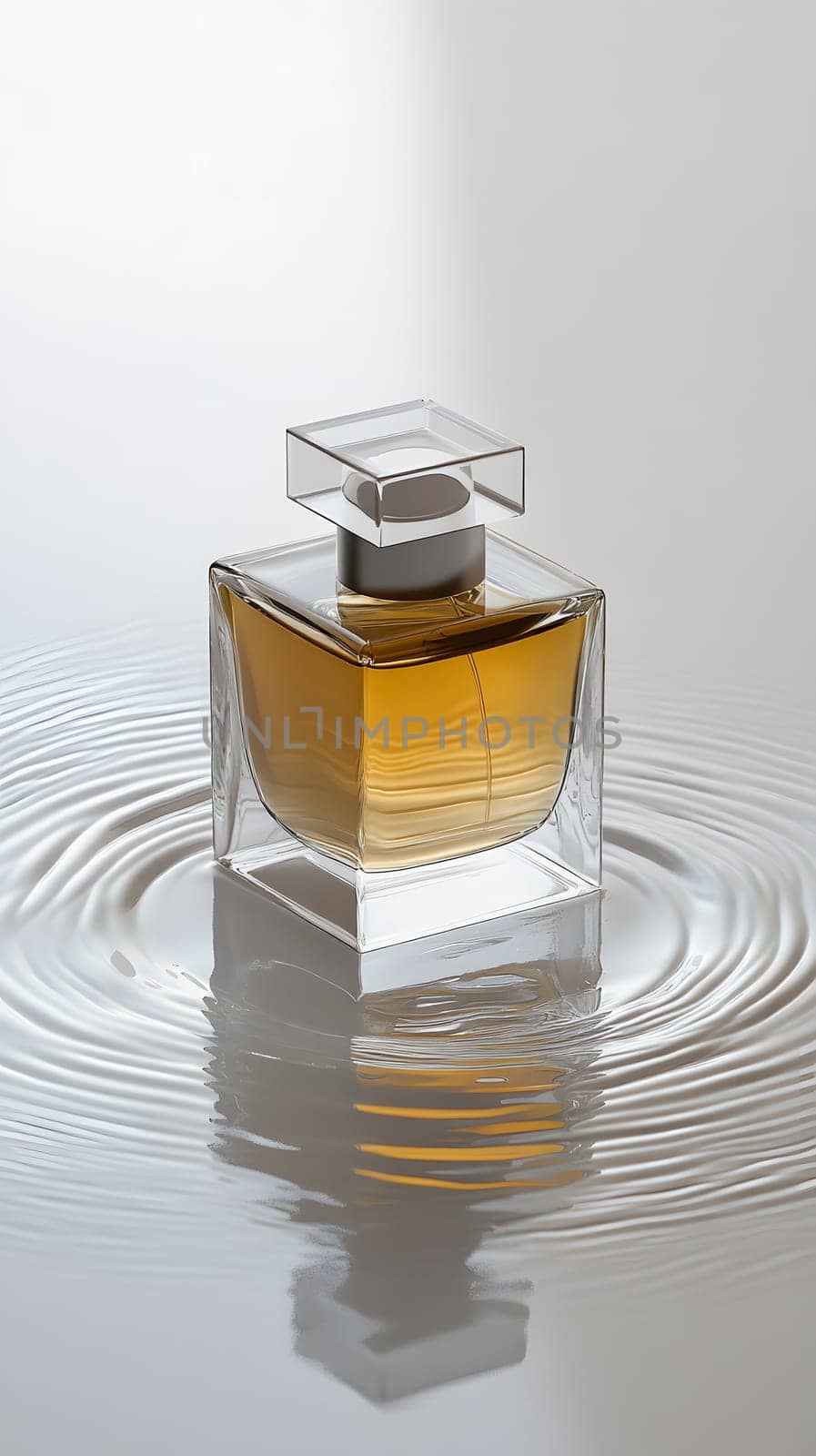 A perfume bottle resting in water, creating ripples around it.
