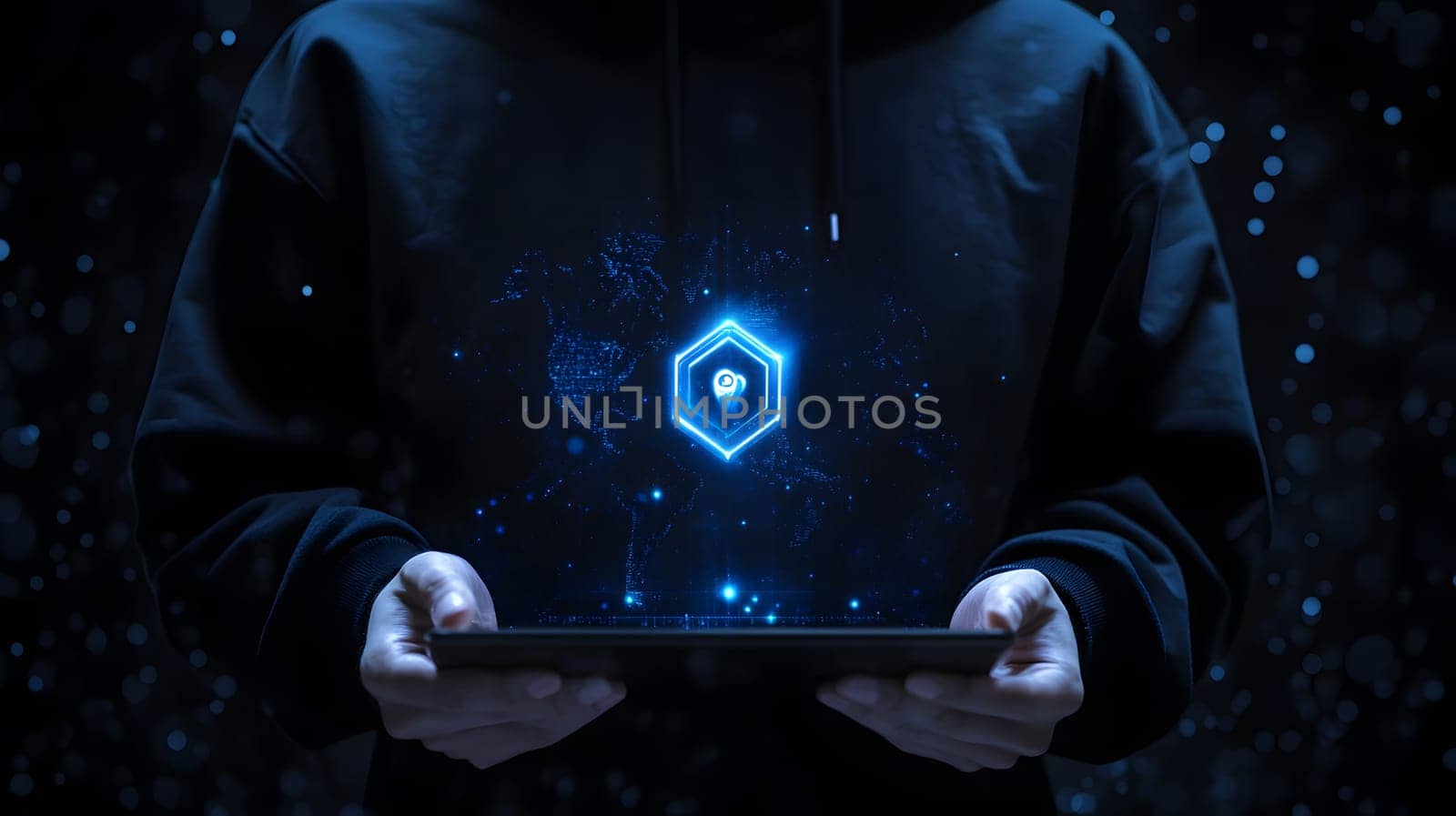 A person holding a tablet displaying a glowing digital hexagon.