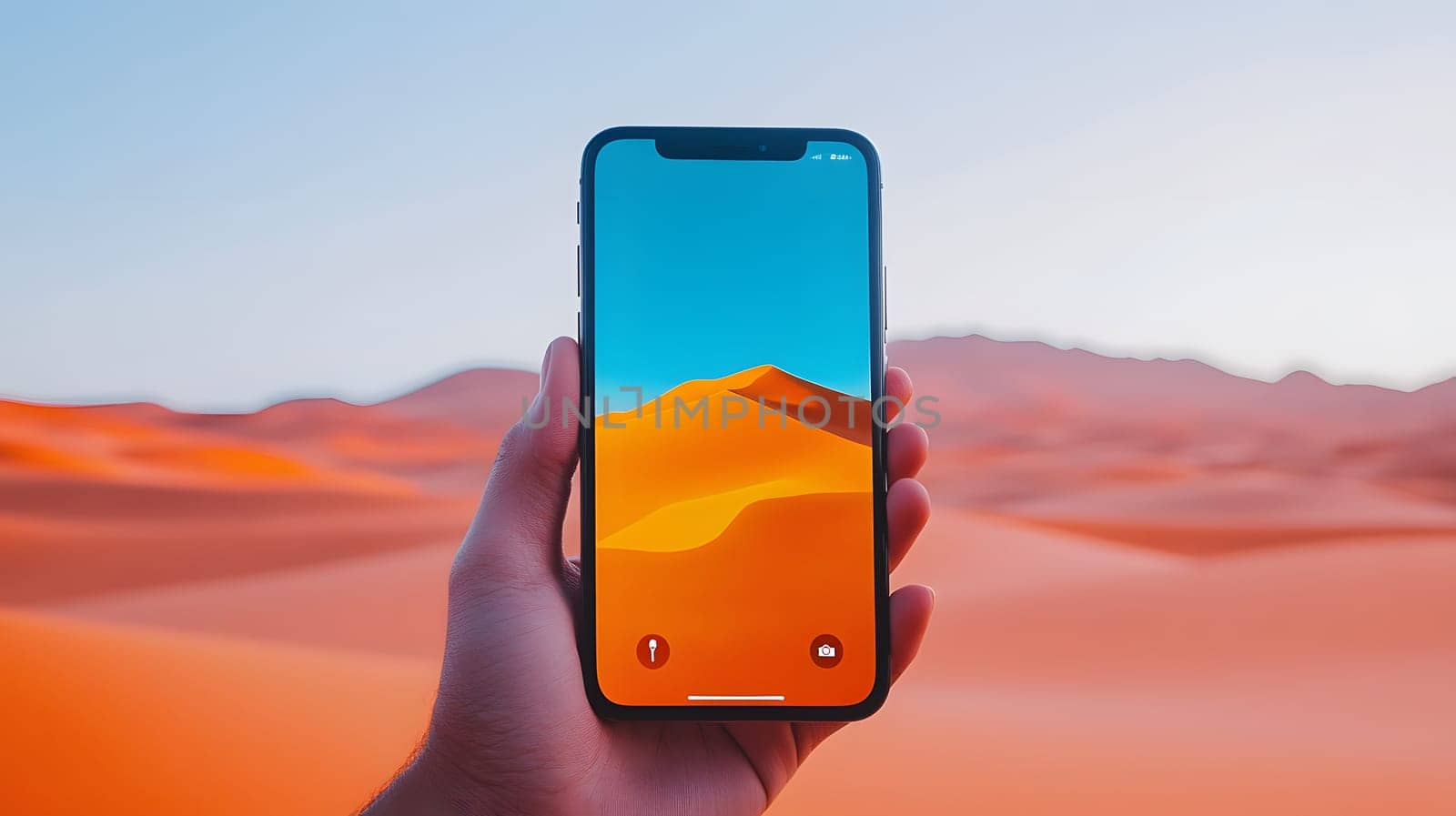 A person holding a smartphone displaying a desert landscape wallpaper.