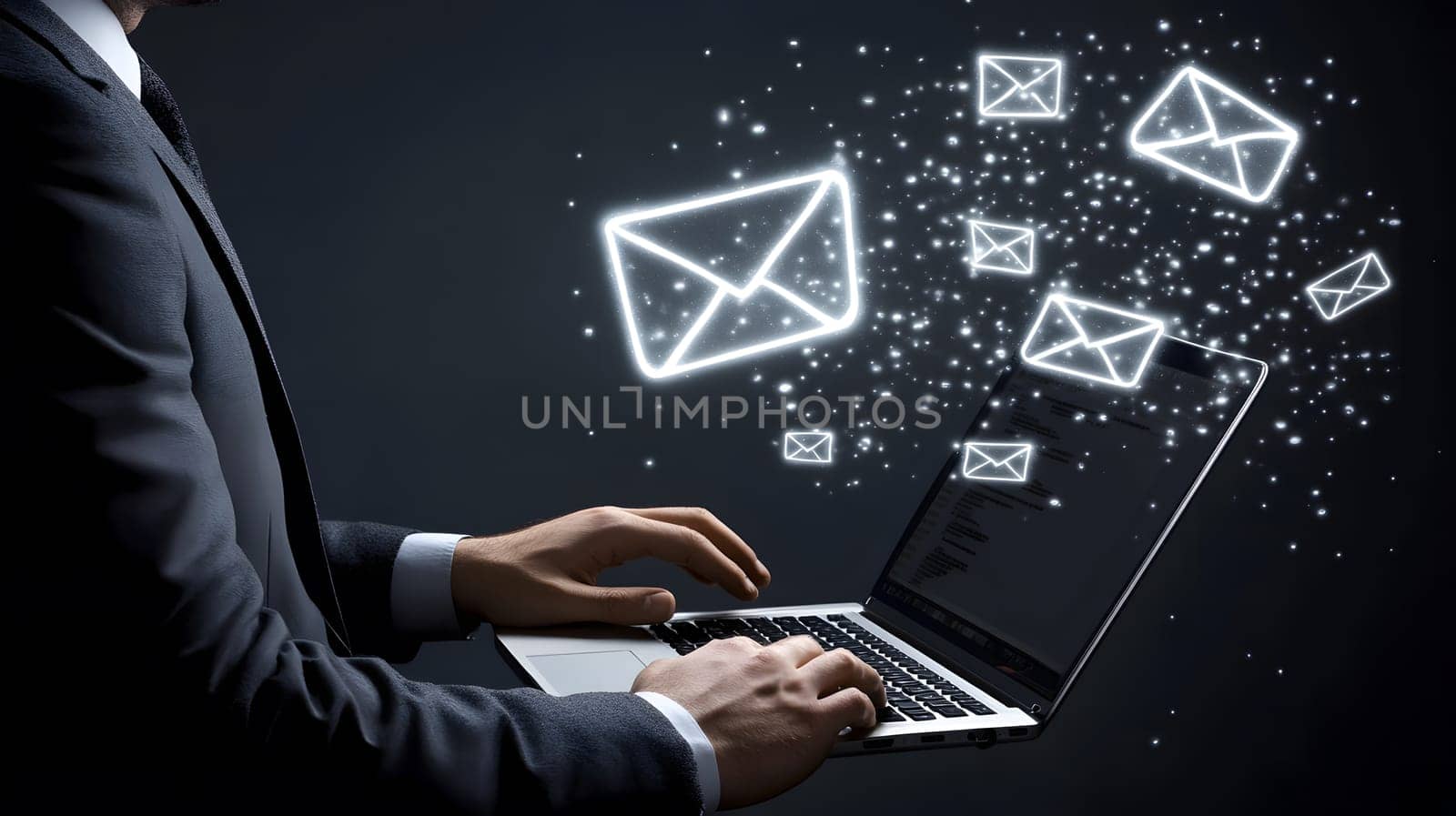 A person typing on a laptop with email icons floating above.