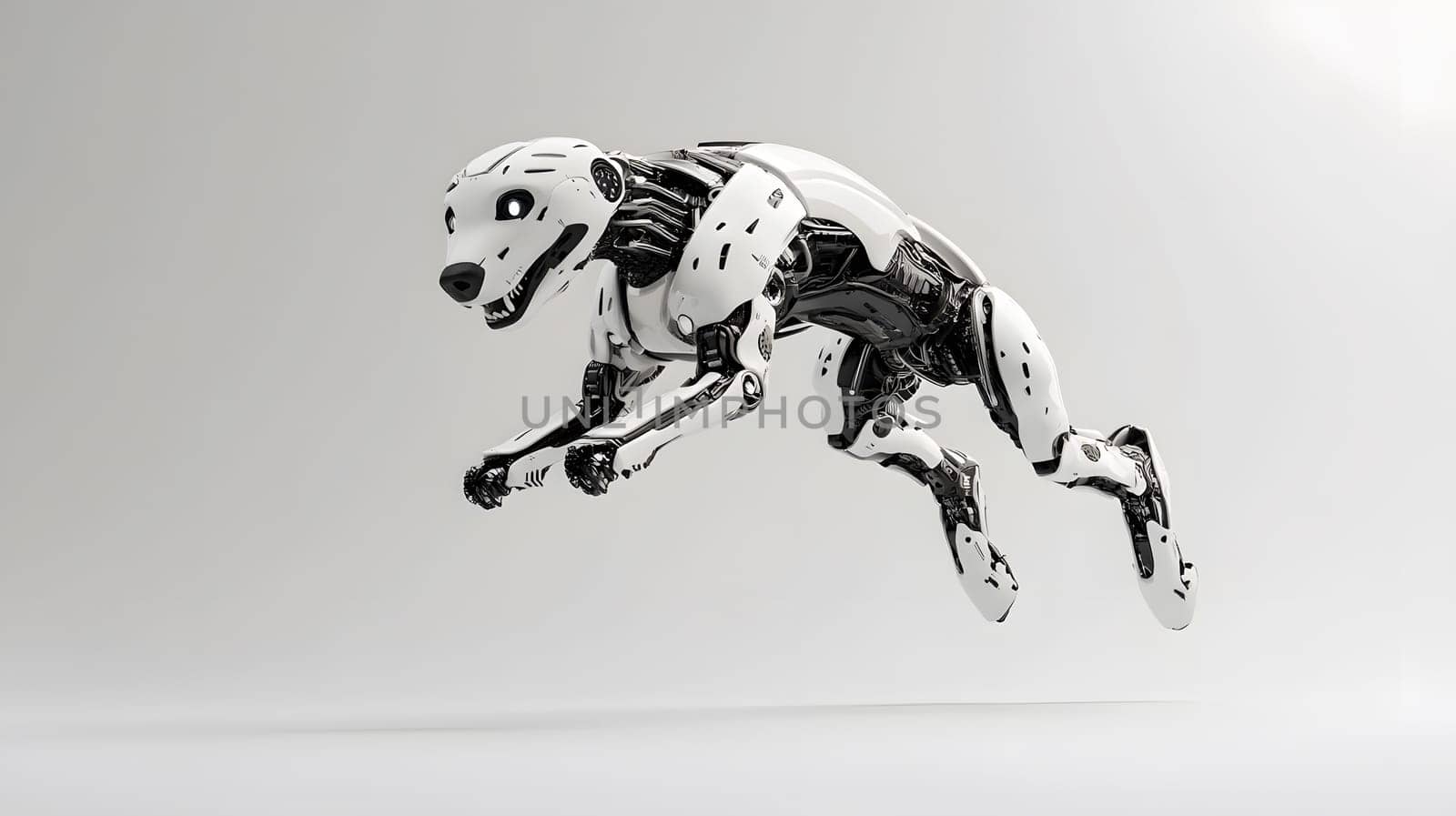 A robotic dog in mid-leap, showcasing advanced technology and design.