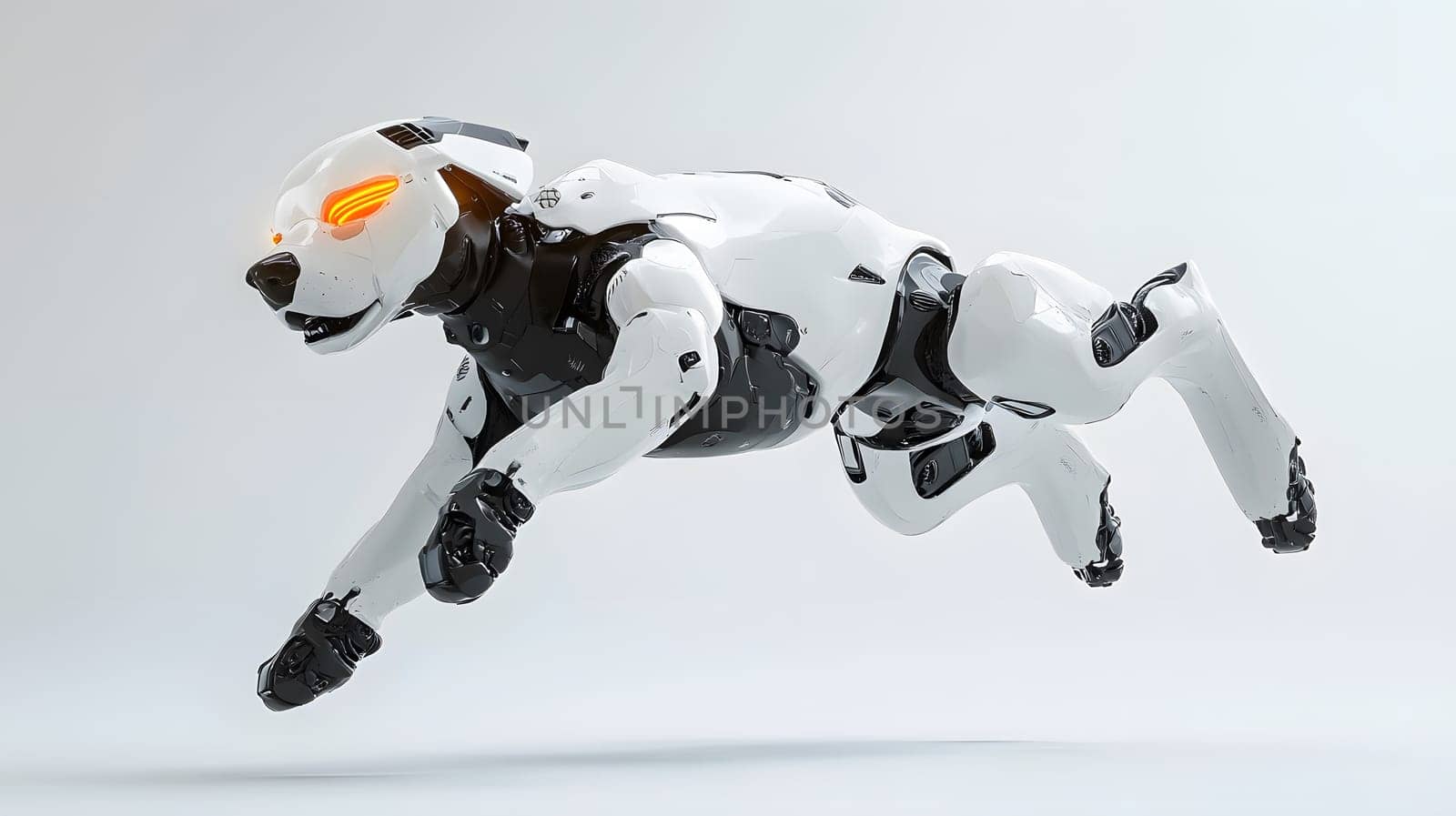 A robotic dog with glowing eyes in a dynamic leap.
