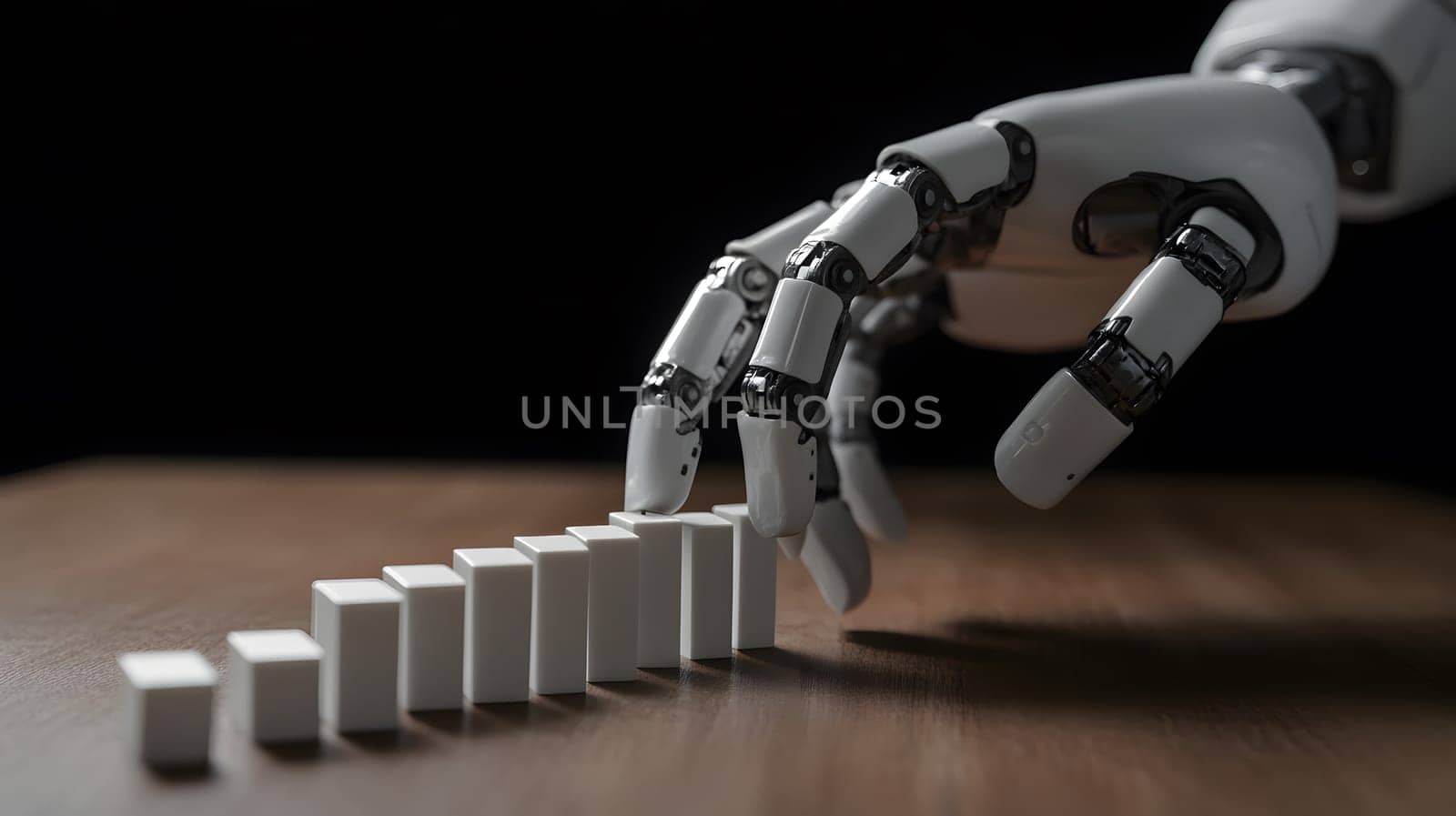 A robotic hand about to topple a line of white dominoes.