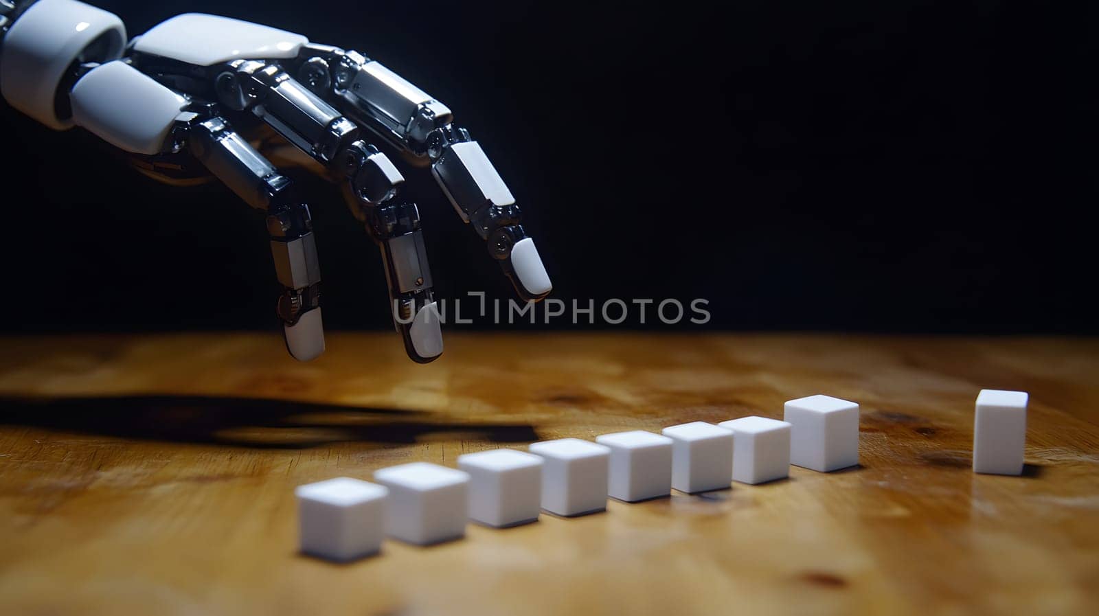 A robotic hand reaching for white cubes on a wooden surface.