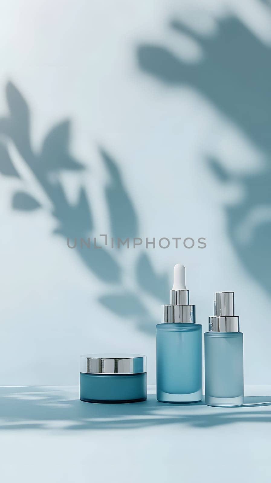 A serene display of skincare products with soft shadows.