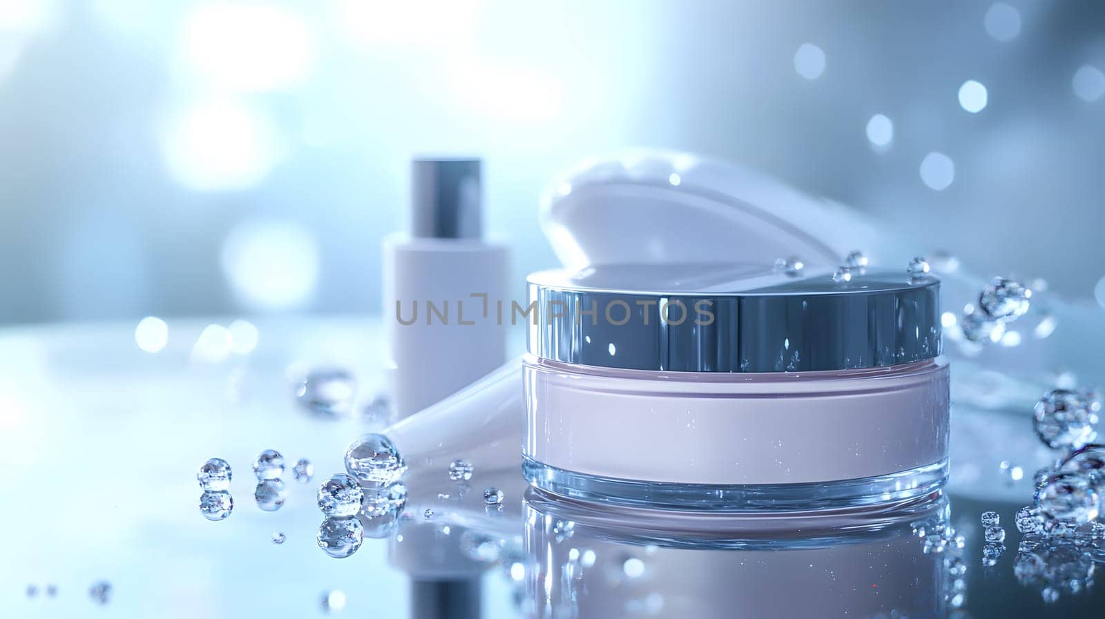 A serene display of skincare products with water droplets.
