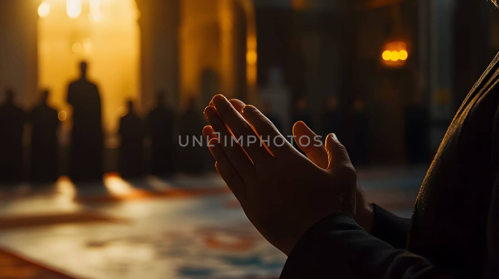 A serene moment of prayer in a dimly lit sacred space.
