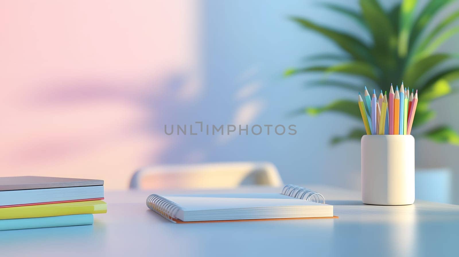 A serene workspace with a notebook and colorful pencils.