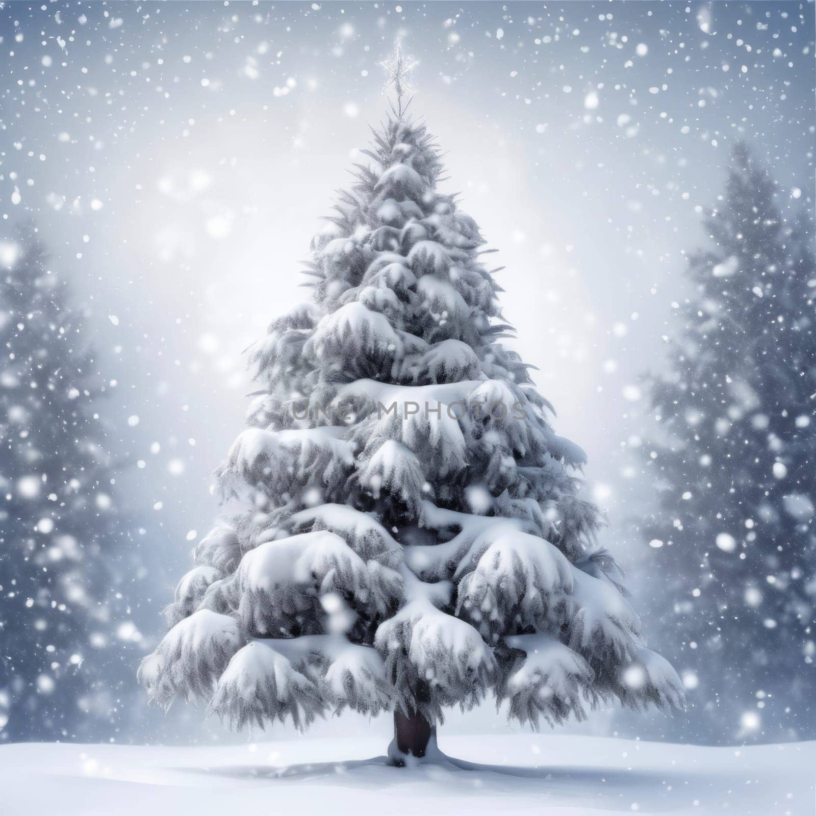 Majestic snow-covered Christmas tree stands tall amidst falling snowflakes. Ethereal white landscape perfect for holiday card, seasonal greeting, festive background. Serene snowy forest atmosphere