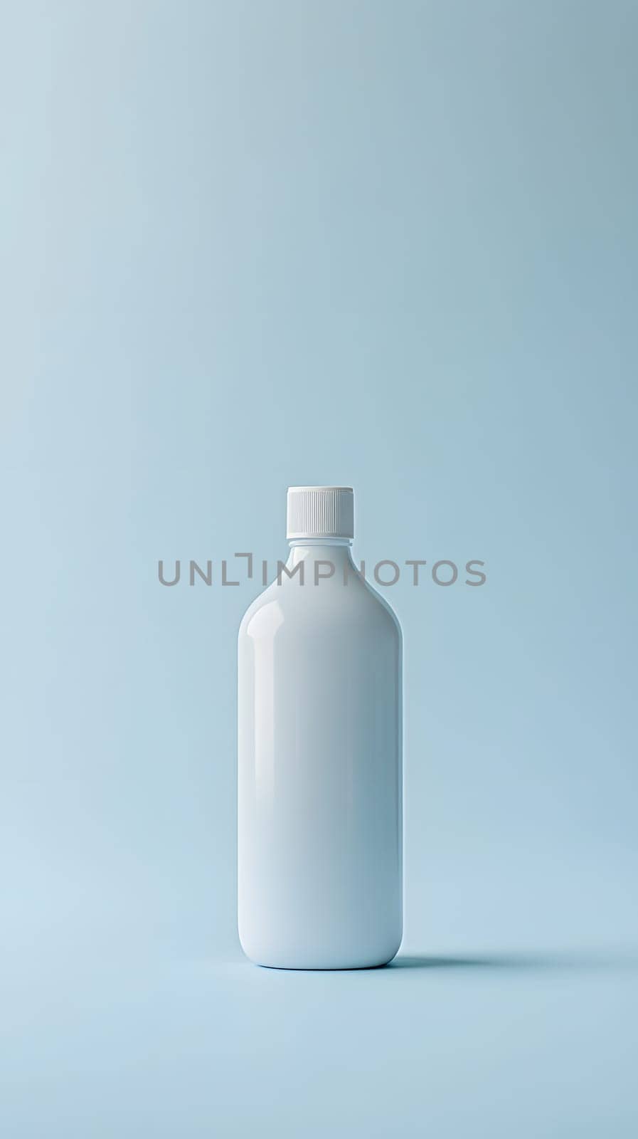 A simple, white bottle against a soft blue background.