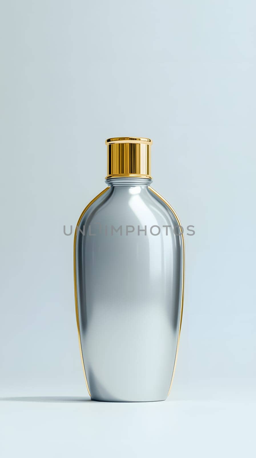 A sleek silver bottle with a gold cap, likely for cosmetics or liquids.