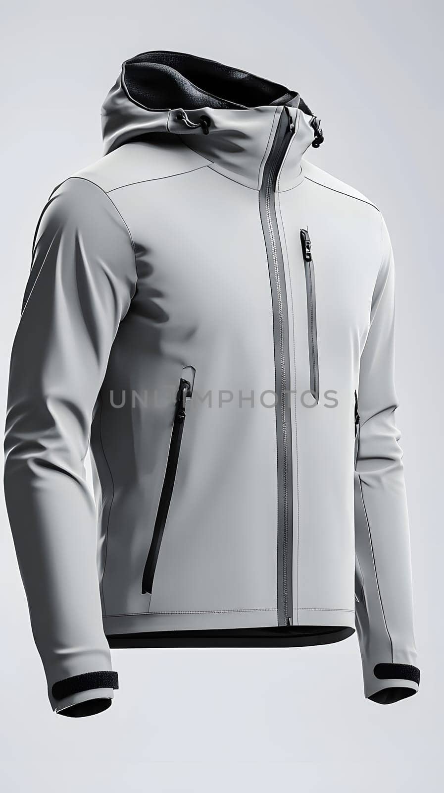 A sleek gray hooded jacket designed for outdoor activities.