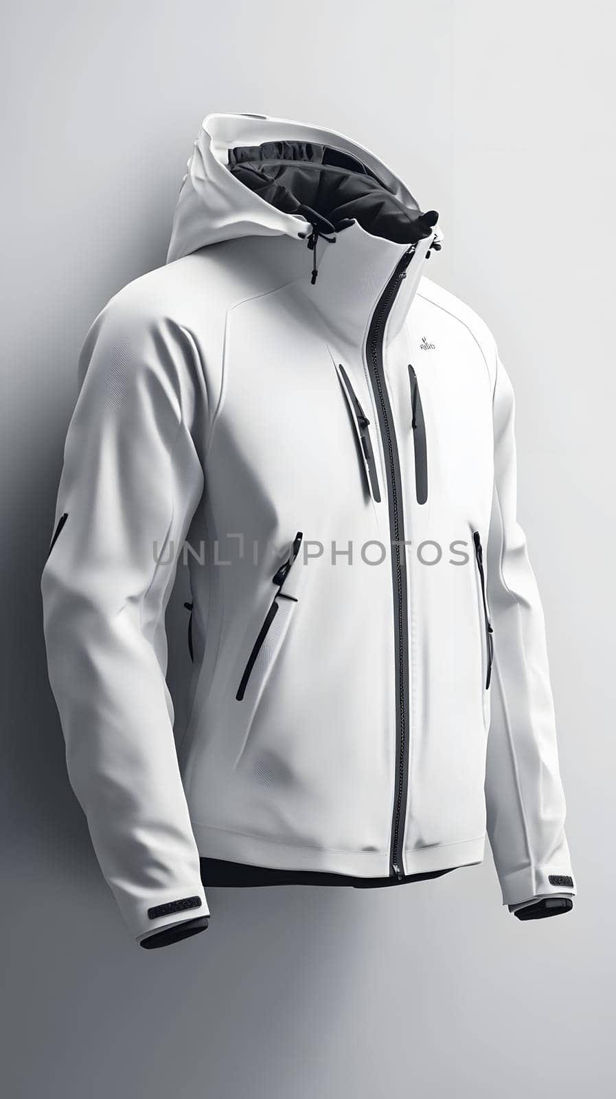 A sleek white jacket with a hood and multiple zippered pockets.