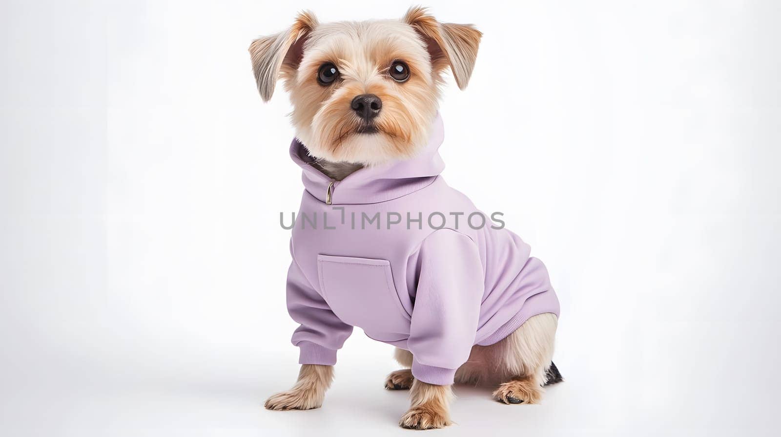 A small dog wearing a lavender hoodie, posing stylishly.