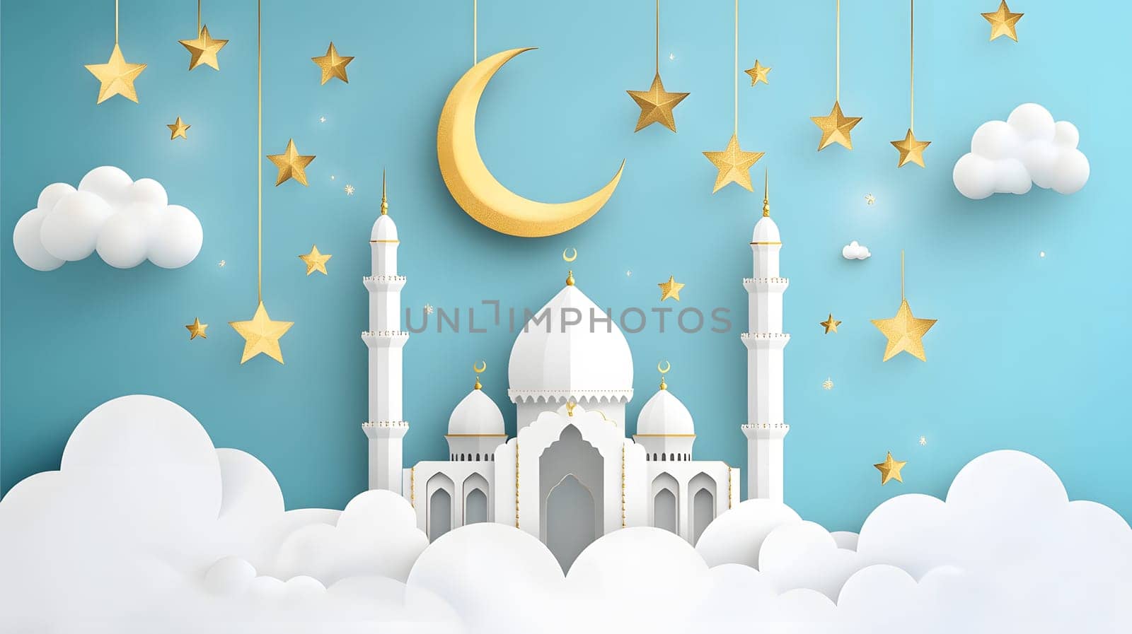 A whimsical illustration of a mosque with clouds, stars, and a crescent moon.