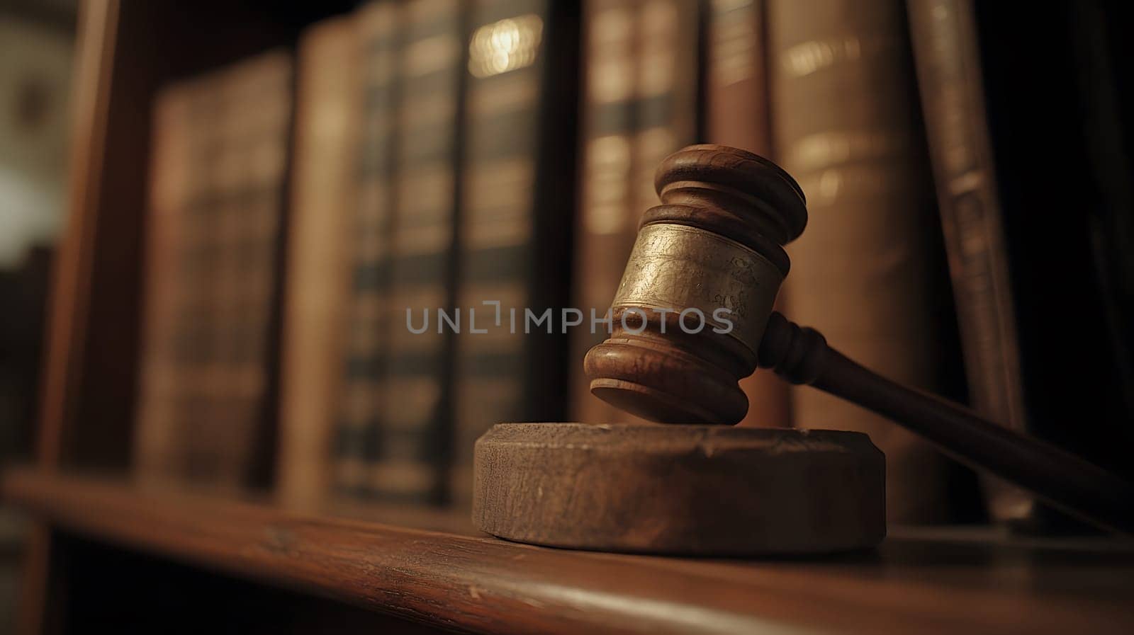 A wooden gavel rests on a desk in a library filled with law books.