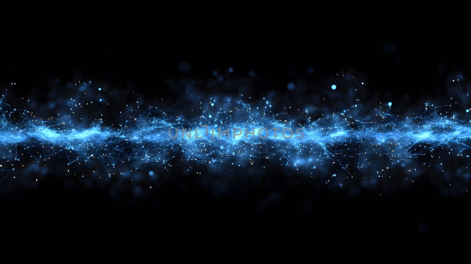 Abstract cosmic design featuring glowing blue particles and waves.