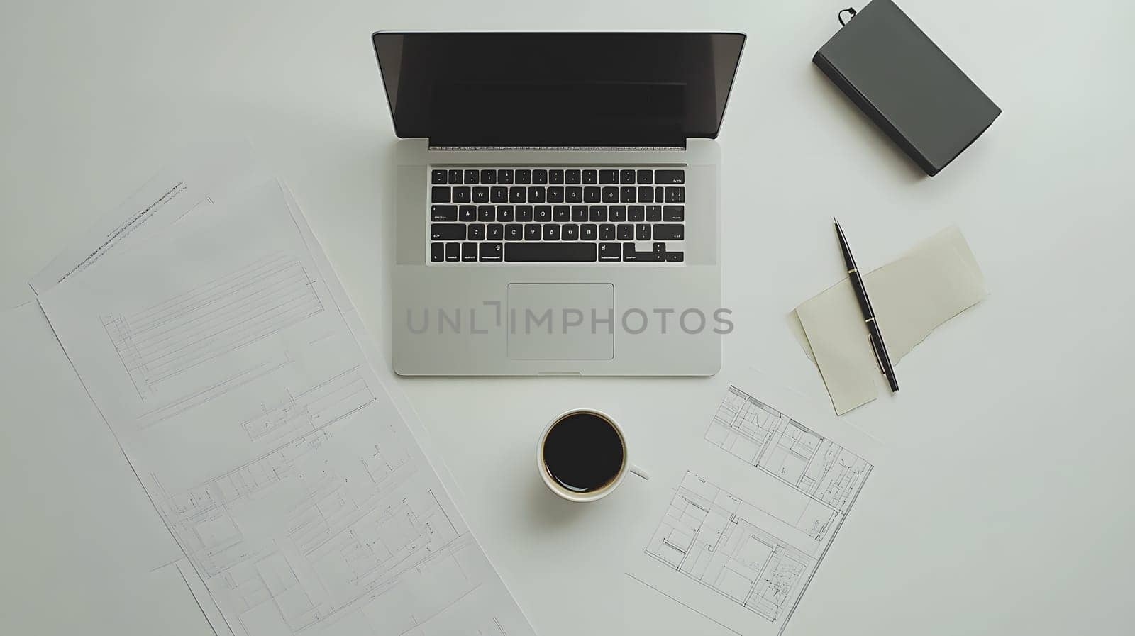 A workspace featuring a laptop, coffee, and architectural plans.