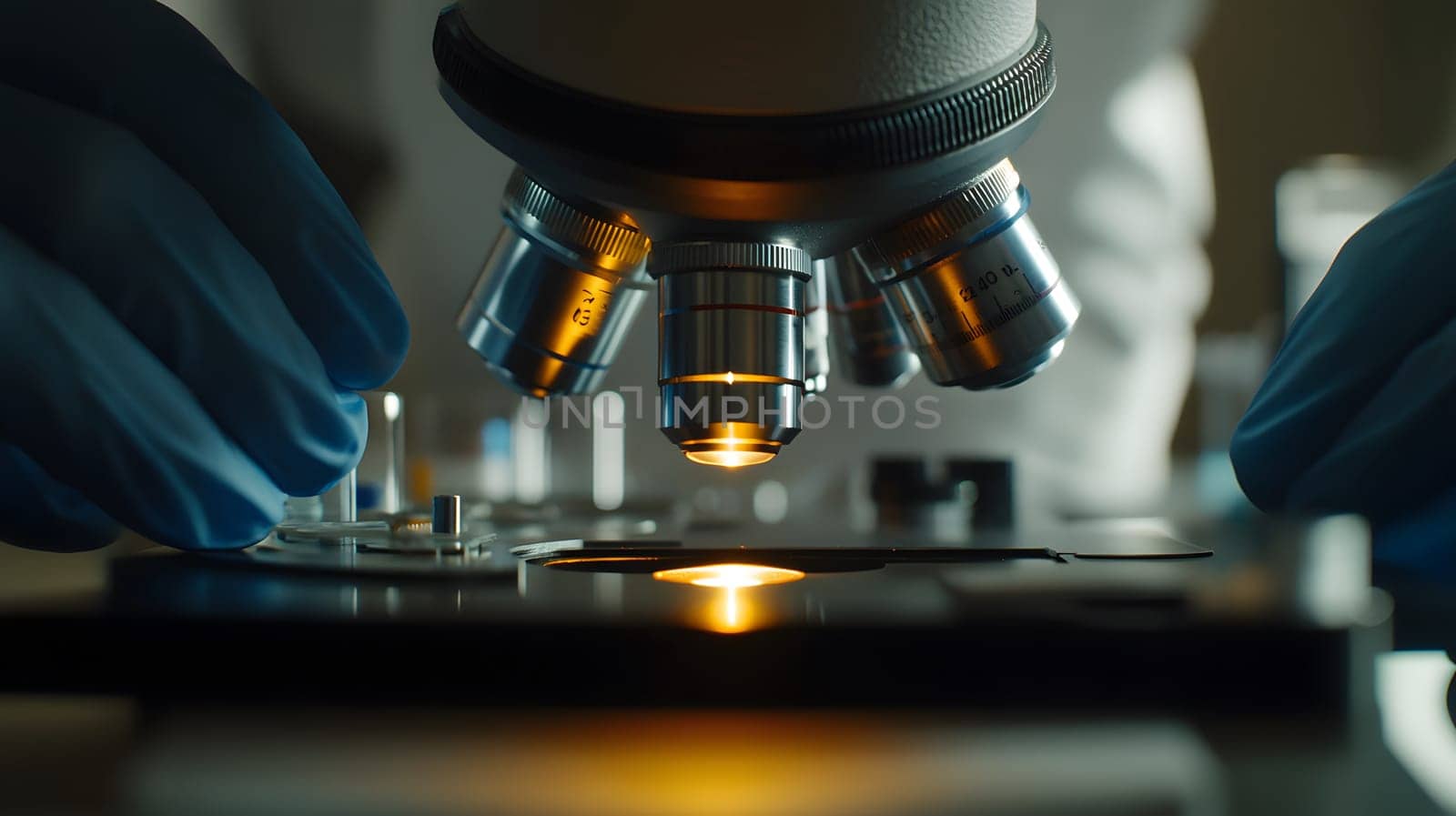 Microscope in a laboratory, examining samples for research purposes.