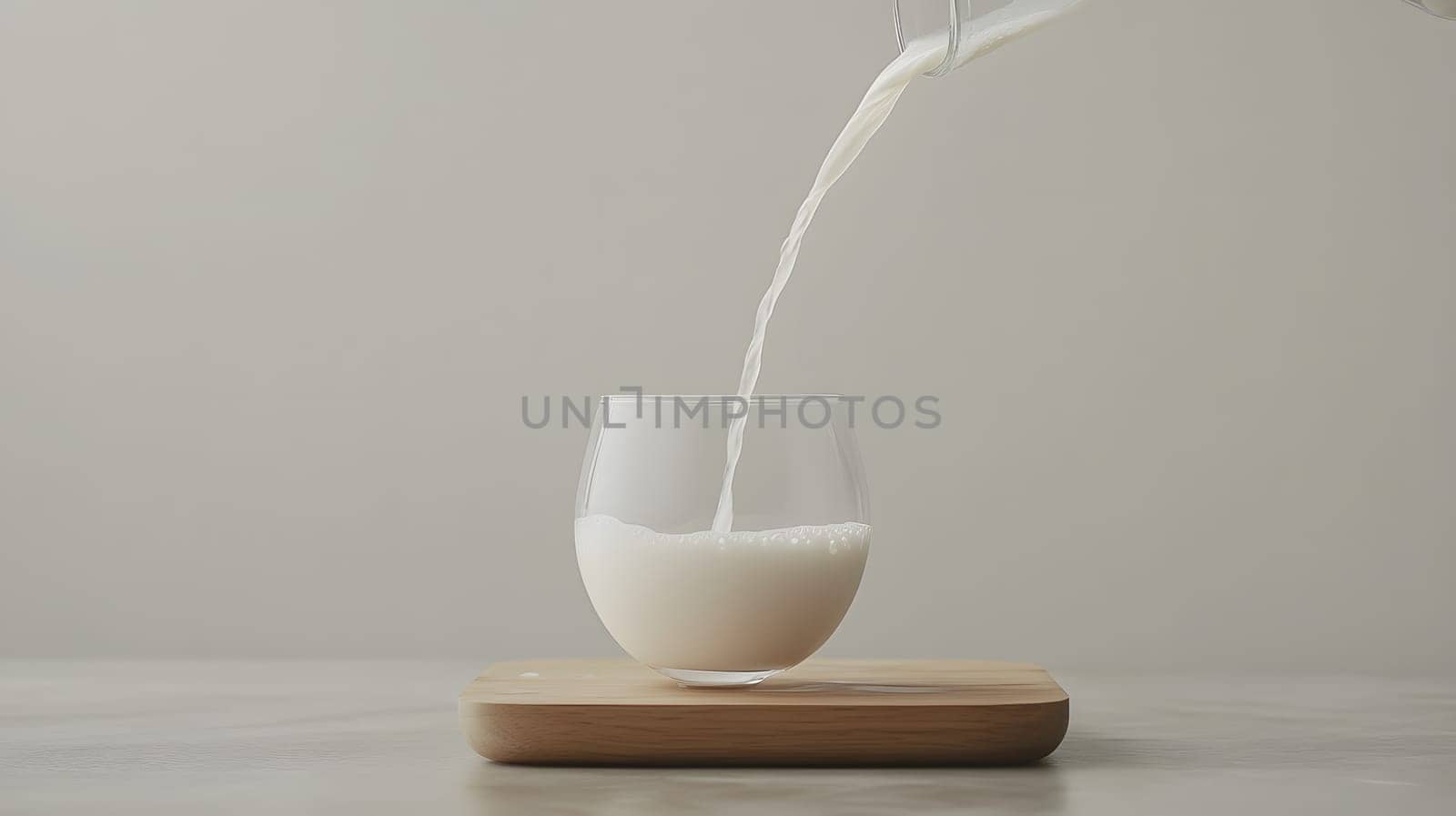 Milk being poured into a glass on a wooden surface.