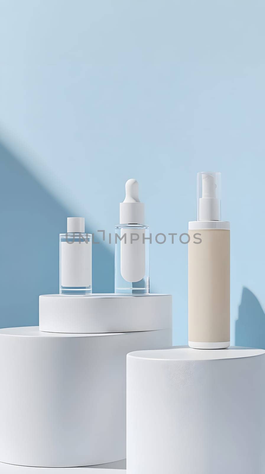 Minimalistic display of skincare products on circular pedestals.