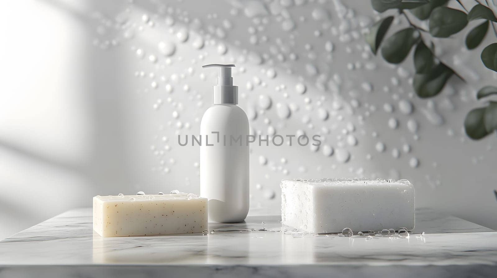 Minimalistic bathroom setup with soap and lotion on marble.
